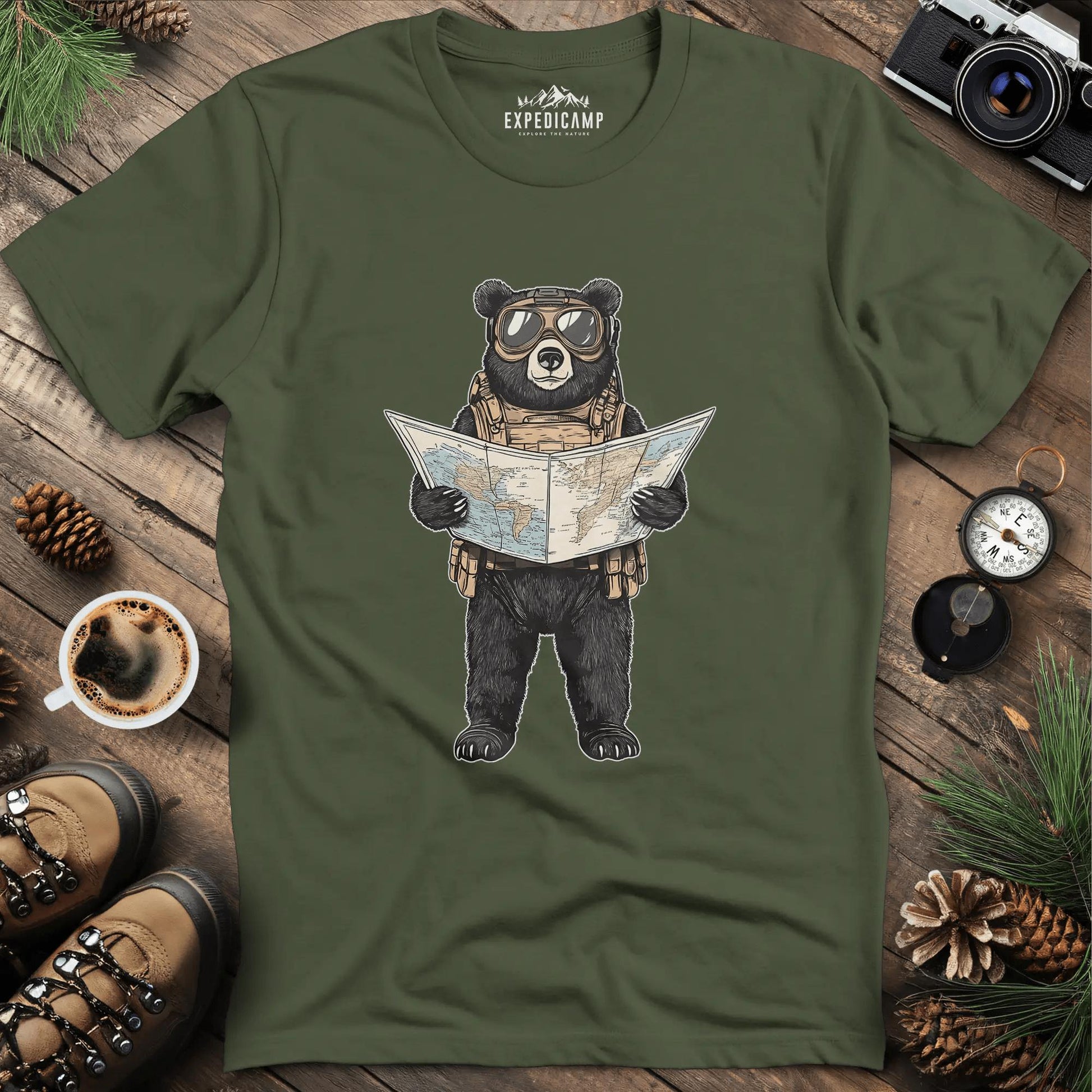 Explorer Bear with Map T-Shirt – Military Green – Outdoor apparel for travel, hiking, camping, and nature lovers – ExpediCamp