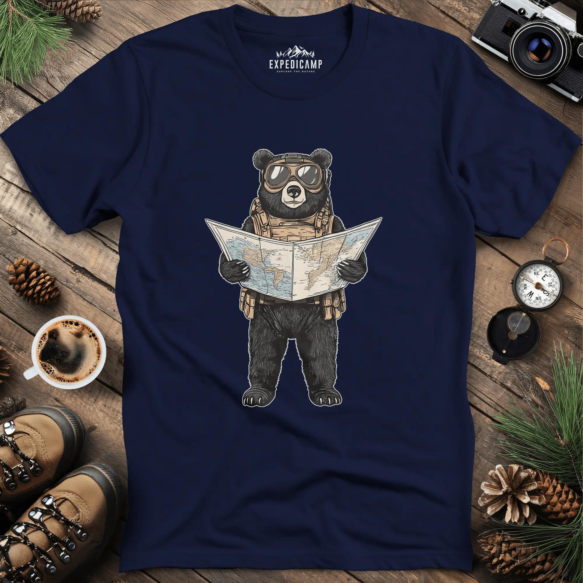 Explorer Bear with Map T-Shirt – Navy – Outdoor apparel for travel, hiking, camping, and nature lovers – ExpediCamp