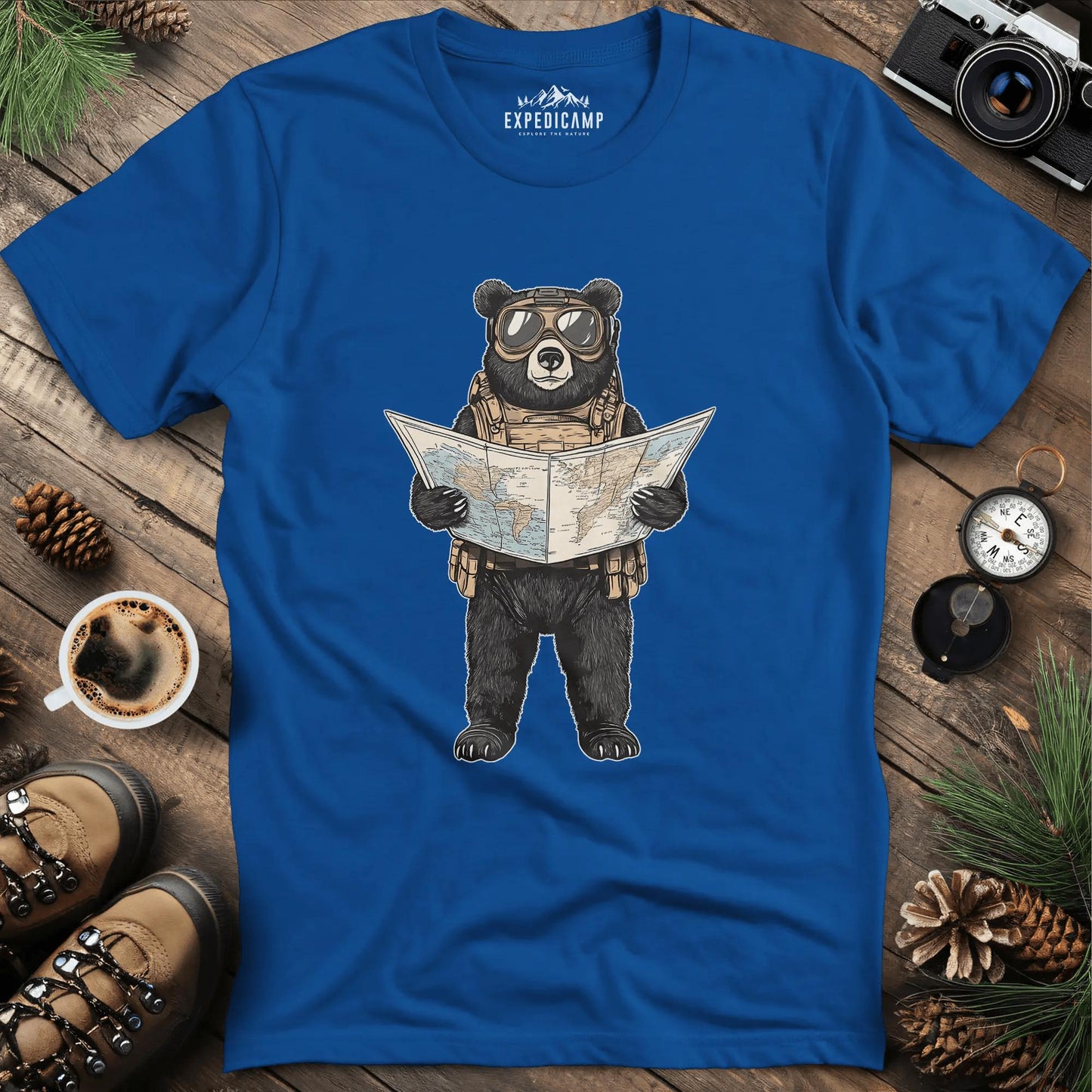Explorer Bear with Map T-Shirt – Royal – Outdoor apparel for travel, hiking, camping, and nature lovers – ExpediCamp