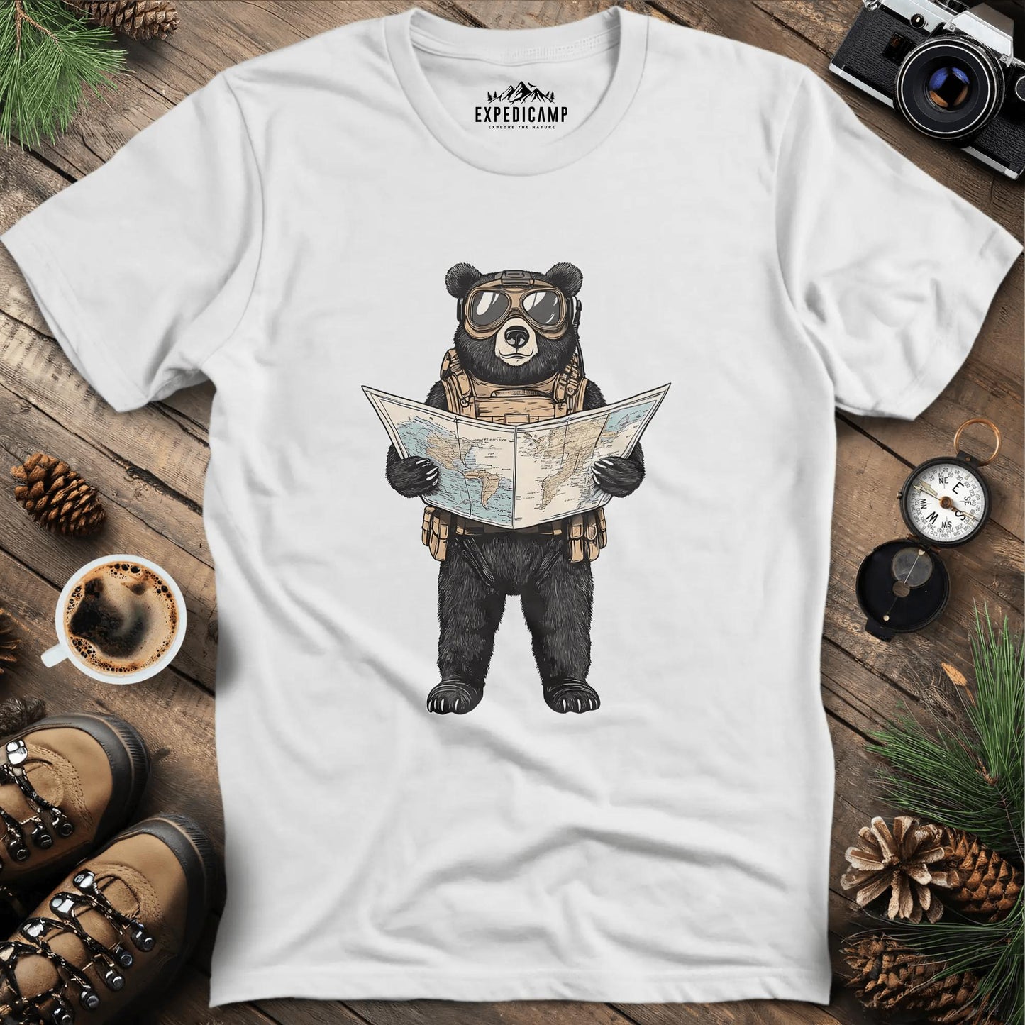 Explorer Bear with Map T-Shirt – White – Outdoor apparel for travel, hiking, camping, and nature lovers – ExpediCamp