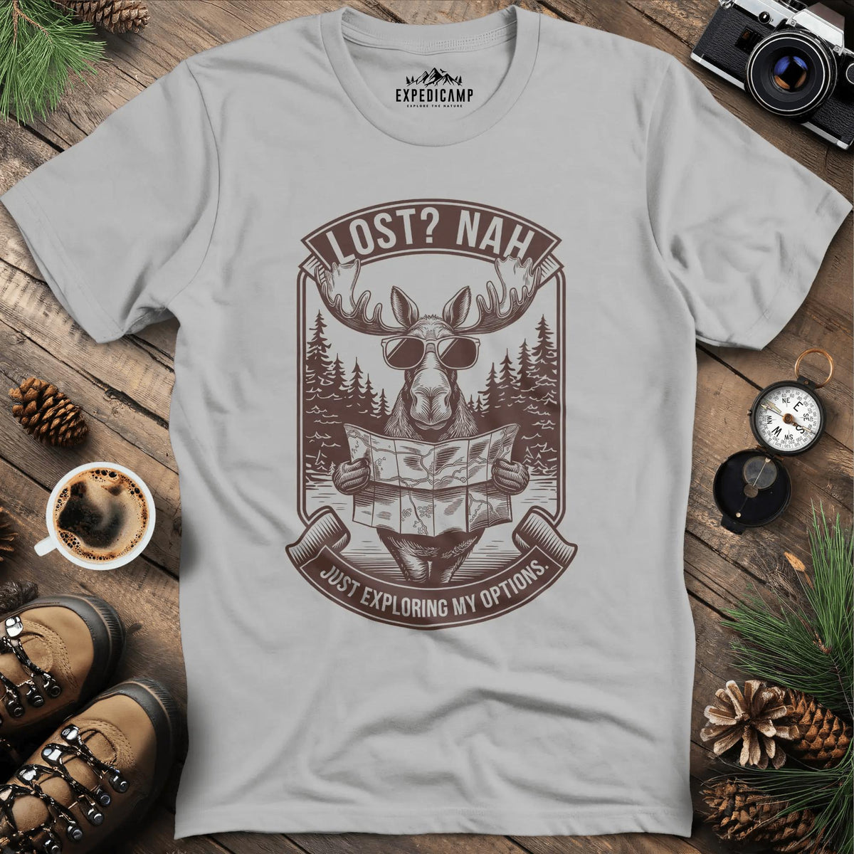 Exploring Moose T-Shirt – Ice Grey – Outdoor apparel for travel, hiking, camping, and nature lovers – ExpediCamp