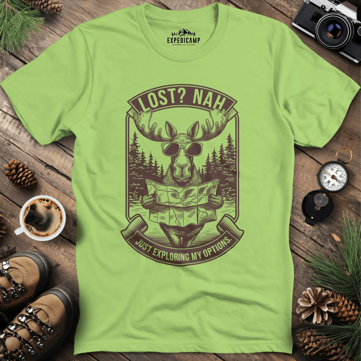 Exploring Moose T-Shirt – Kiwi – Outdoor apparel for travel, hiking, camping, and nature lovers – ExpediCamp