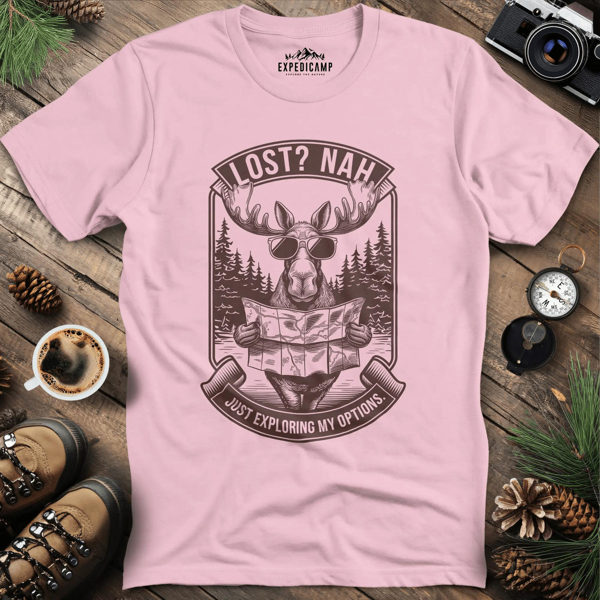 Exploring Moose T-Shirt – Light Pink – Outdoor apparel for travel, hiking, camping, and nature lovers – ExpediCamp