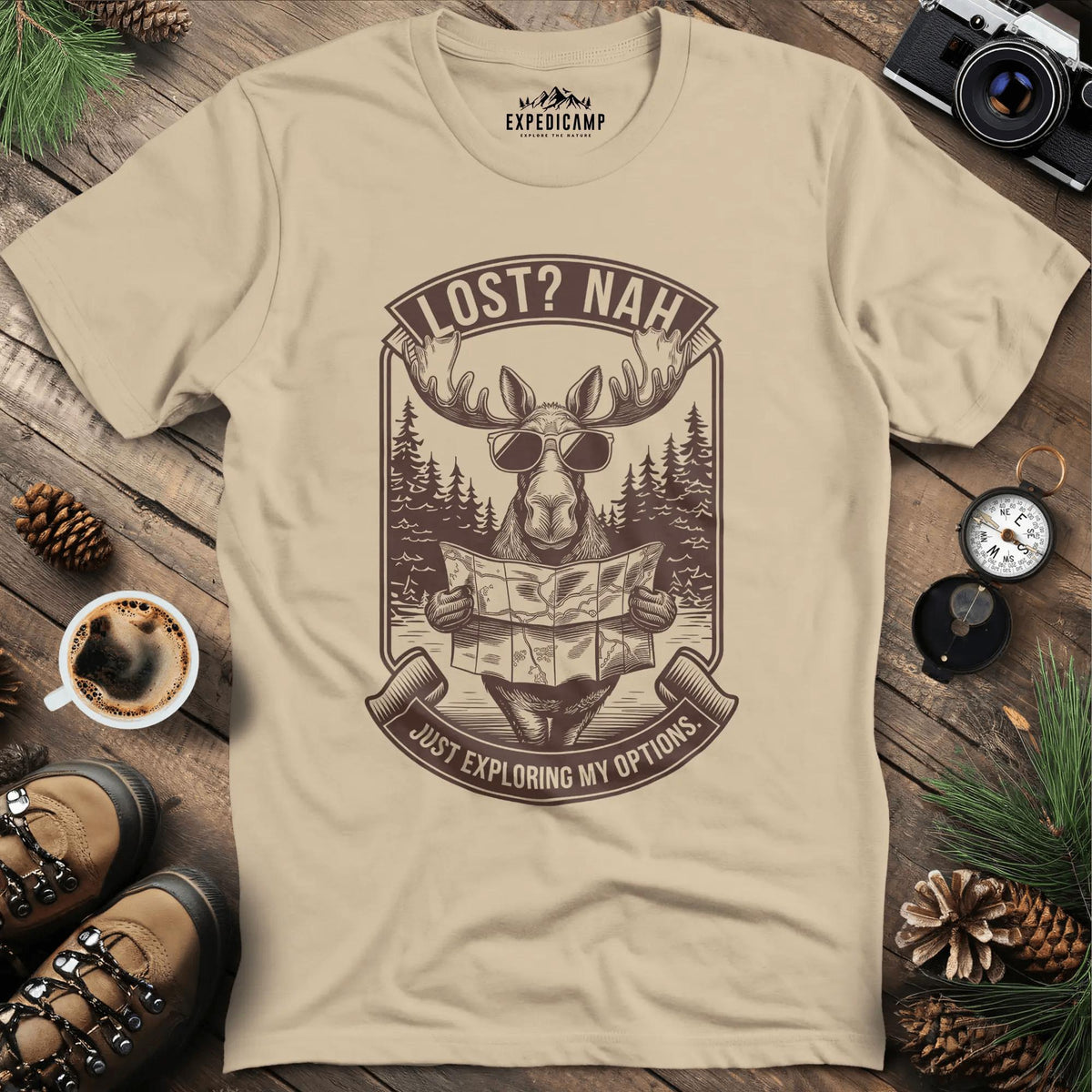 Exploring Moose T-Shirt – Sand – Outdoor apparel for travel, hiking, camping, and nature lovers – ExpediCamp