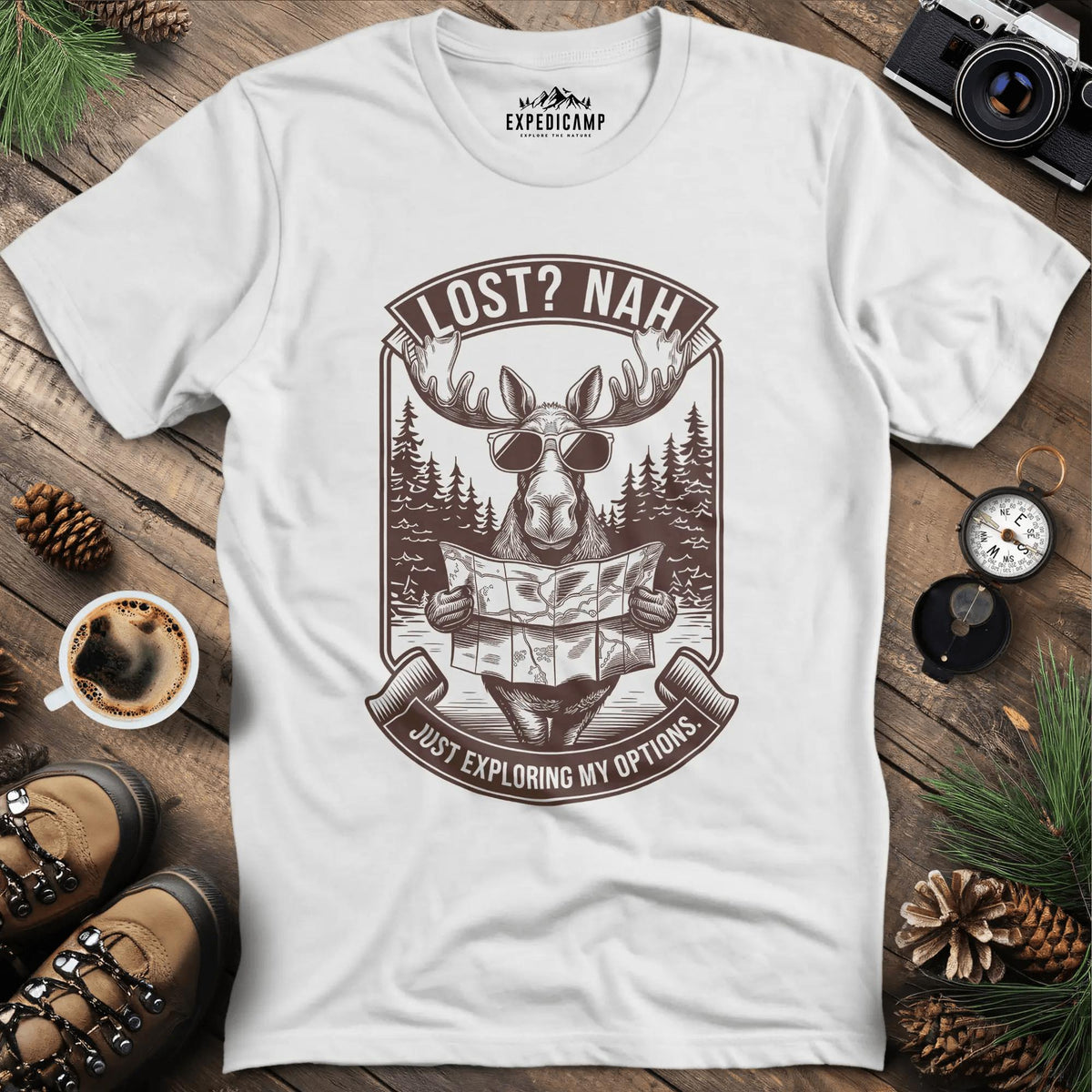 Exploring Moose T-Shirt – White – Outdoor apparel for travel, hiking, camping, and nature lovers – ExpediCamp