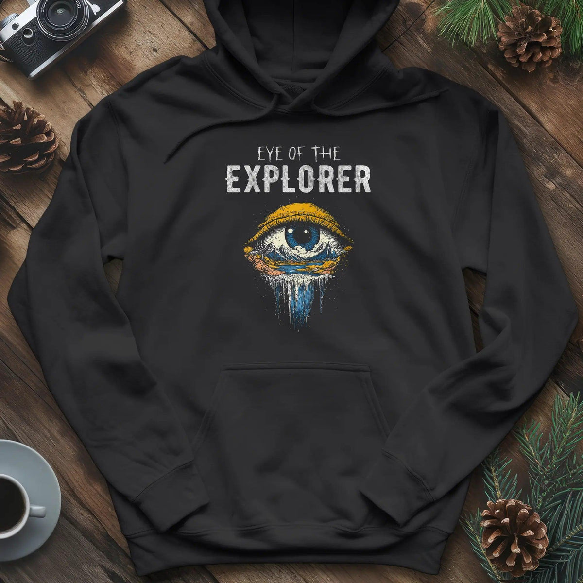 Eye of the Explorer Hoodie – Black – Outdoor apparel for travel, hiking, camping, and nature lovers – ExpediCamp