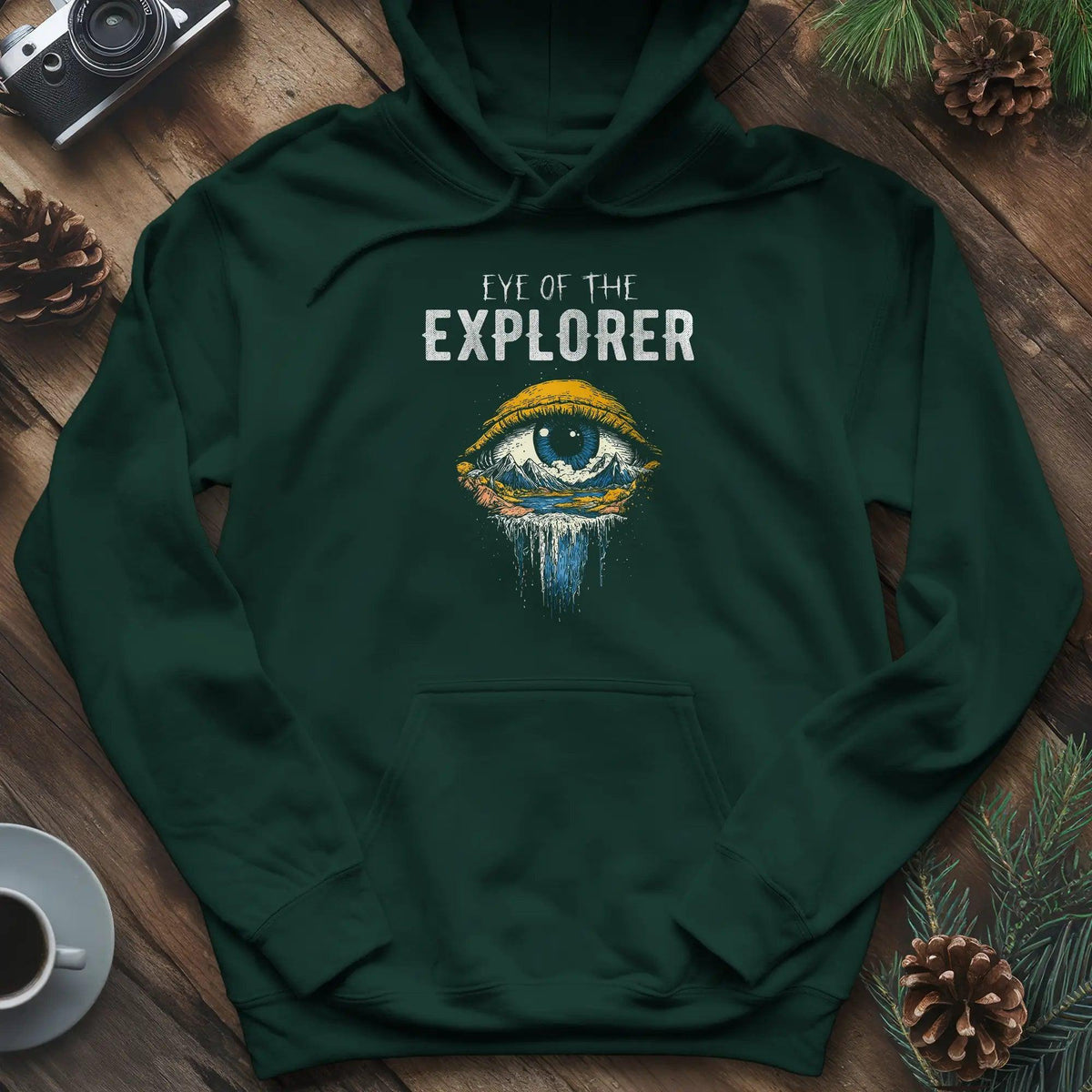 Eye of the Explorer Hoodie – Forest Green – Outdoor apparel for travel, hiking, camping, and nature lovers – ExpediCamp