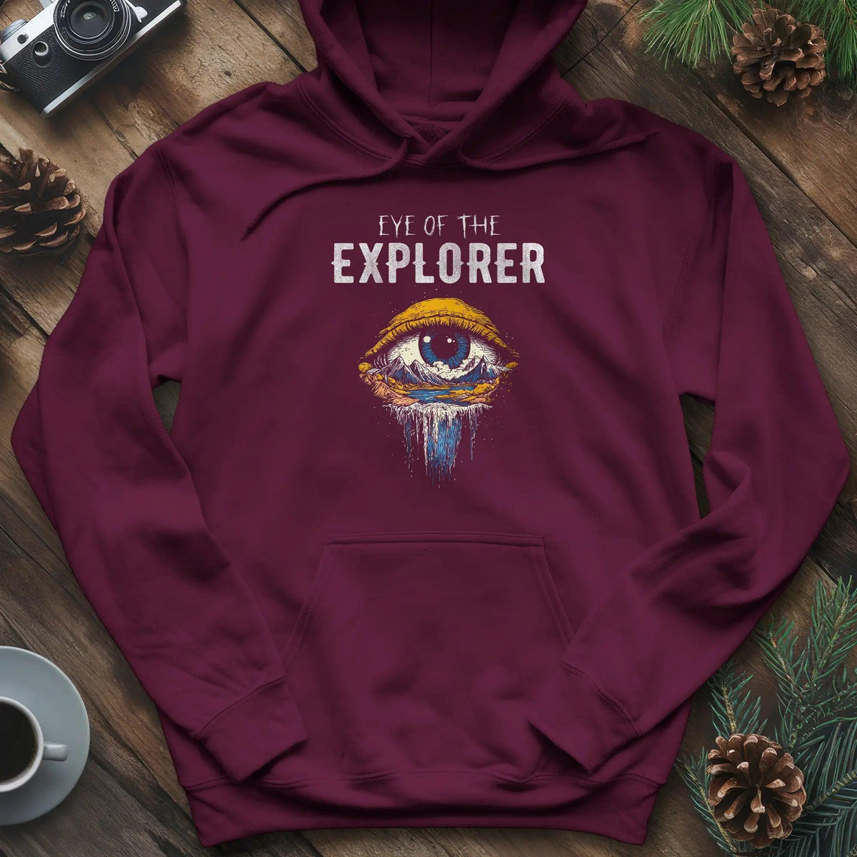 Eye of the Explorer Hoodie – Maroon – Outdoor apparel for travel, hiking, camping, and nature lovers – ExpediCamp