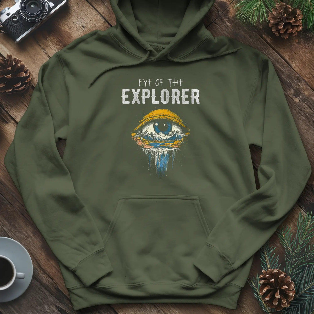 Eye of the Explorer Hoodie – Military Green – Outdoor apparel for travel, hiking, camping, and nature lovers – ExpediCamp