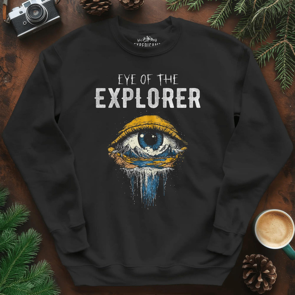 Eye of the Explorer Sweatshirt – Black – Outdoor apparel for travel, hiking, camping, and nature lovers – ExpediCamp