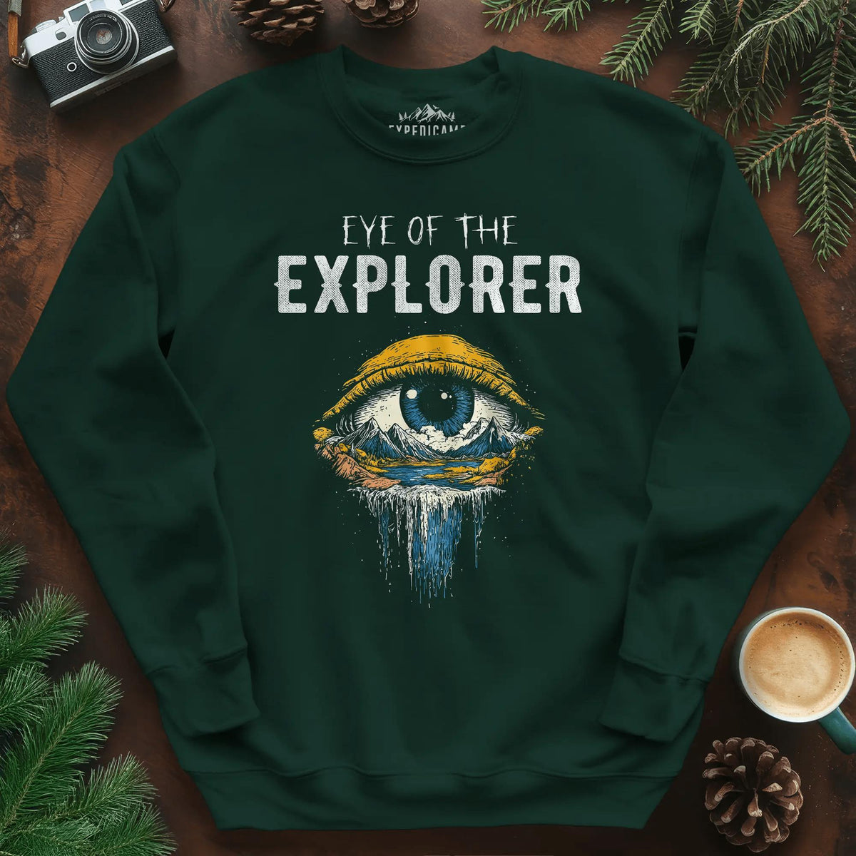 Eye of the Explorer Sweatshirt – Forest Green – Outdoor apparel for travel, hiking, camping, and nature lovers – ExpediCamp