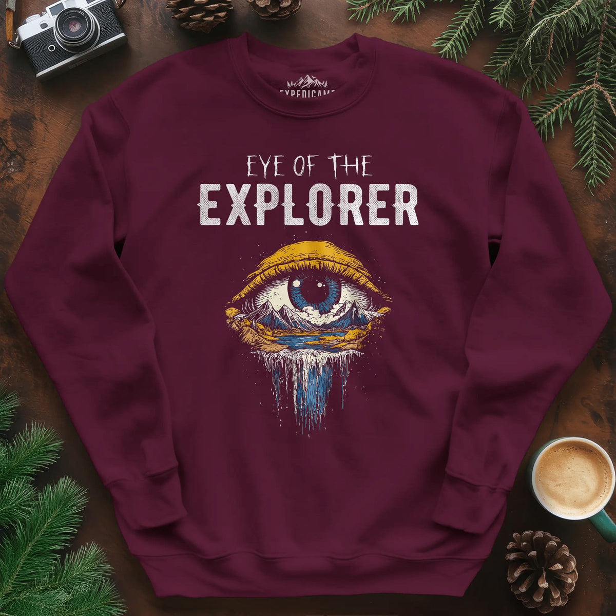 Eye of the Explorer Sweatshirt – Maroon – Outdoor apparel for travel, hiking, camping, and nature lovers – ExpediCamp