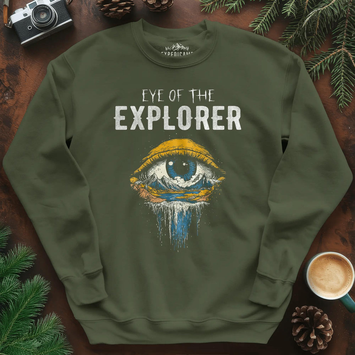 Eye of the Explorer Sweatshirt – Military Green – Outdoor apparel for travel, hiking, camping, and nature lovers – ExpediCamp