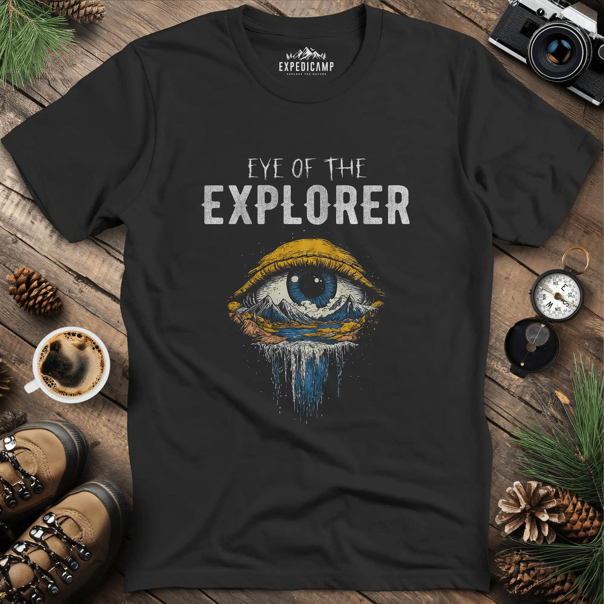 Eye of the Explorer T-Shirt – Black – Outdoor apparel for travel, hiking, camping, and nature lovers – ExpediCamp