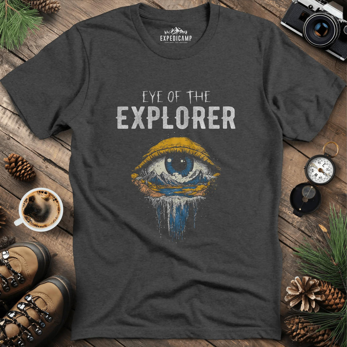 Eye of the Explorer T-Shirt – Dark Heather – Outdoor apparel for travel, hiking, camping, and nature lovers – ExpediCamp