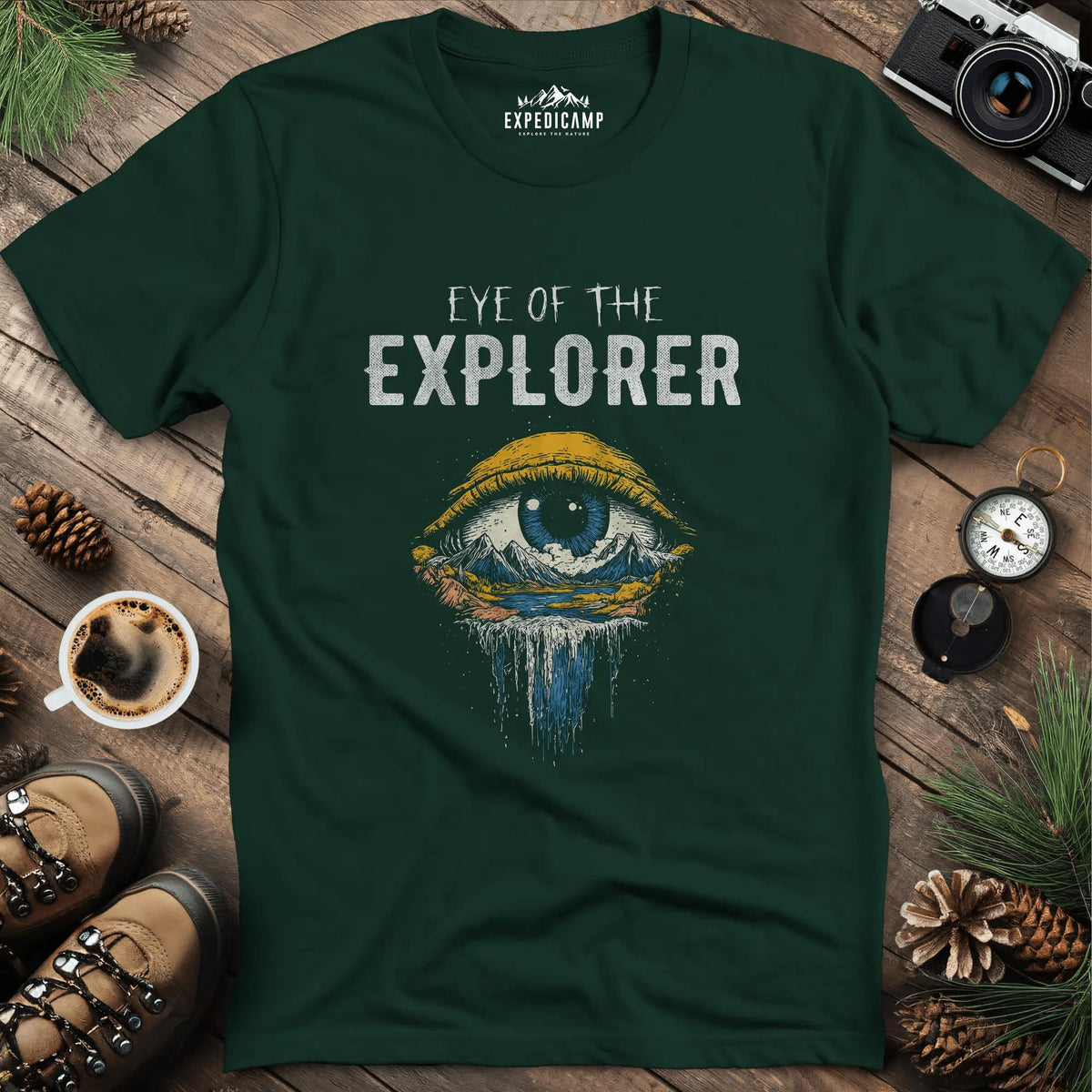 Eye of the Explorer T-Shirt – Forest Green – Outdoor apparel for travel, hiking, camping, and nature lovers – ExpediCamp