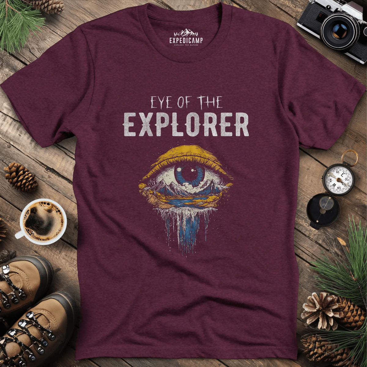 Eye of the Explorer T-Shirt – Heather Maroon – Outdoor apparel for travel, hiking, camping, and nature lovers – ExpediCamp