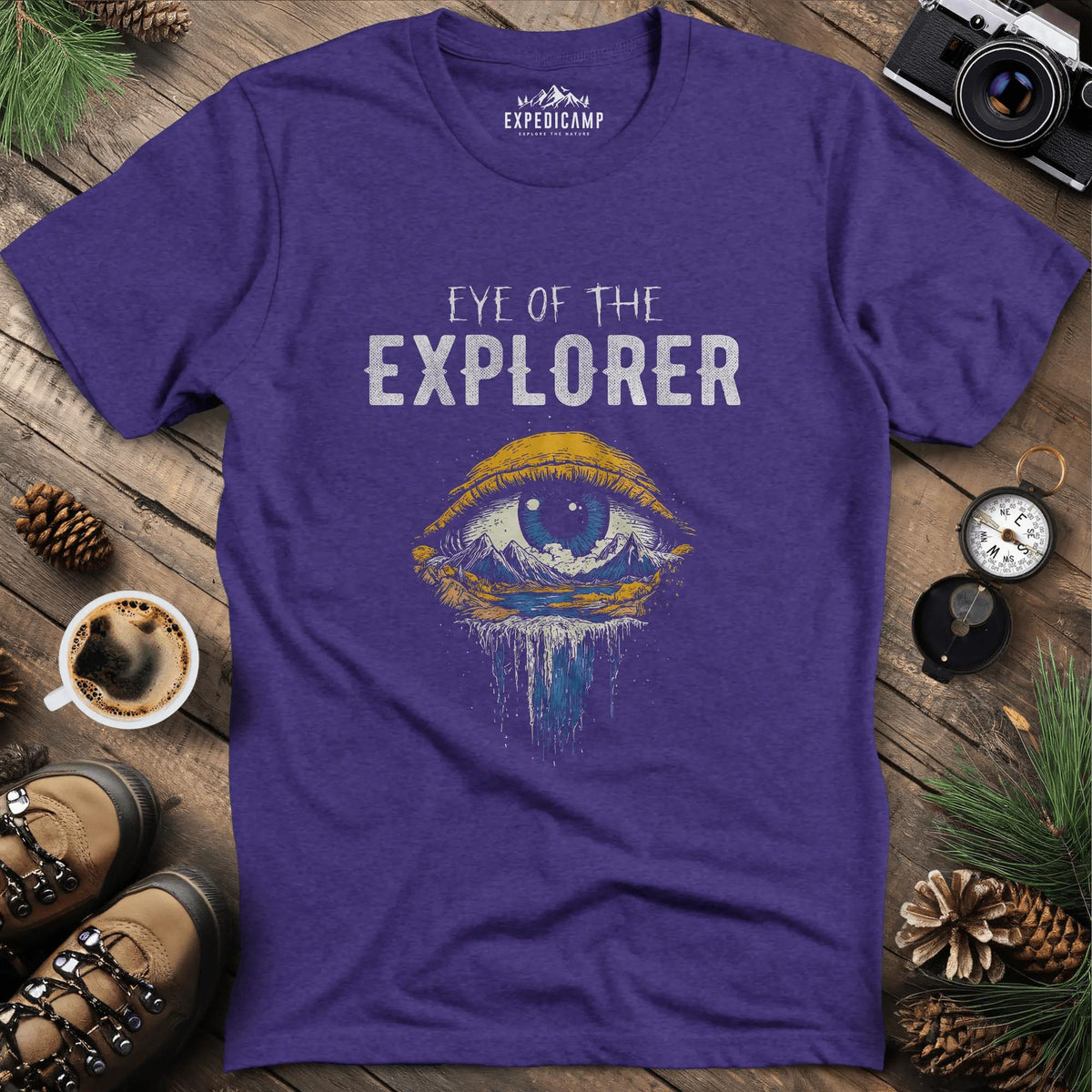Eye of the Explorer T-Shirt – Heather Purple – Outdoor apparel for travel, hiking, camping, and nature lovers – ExpediCamp