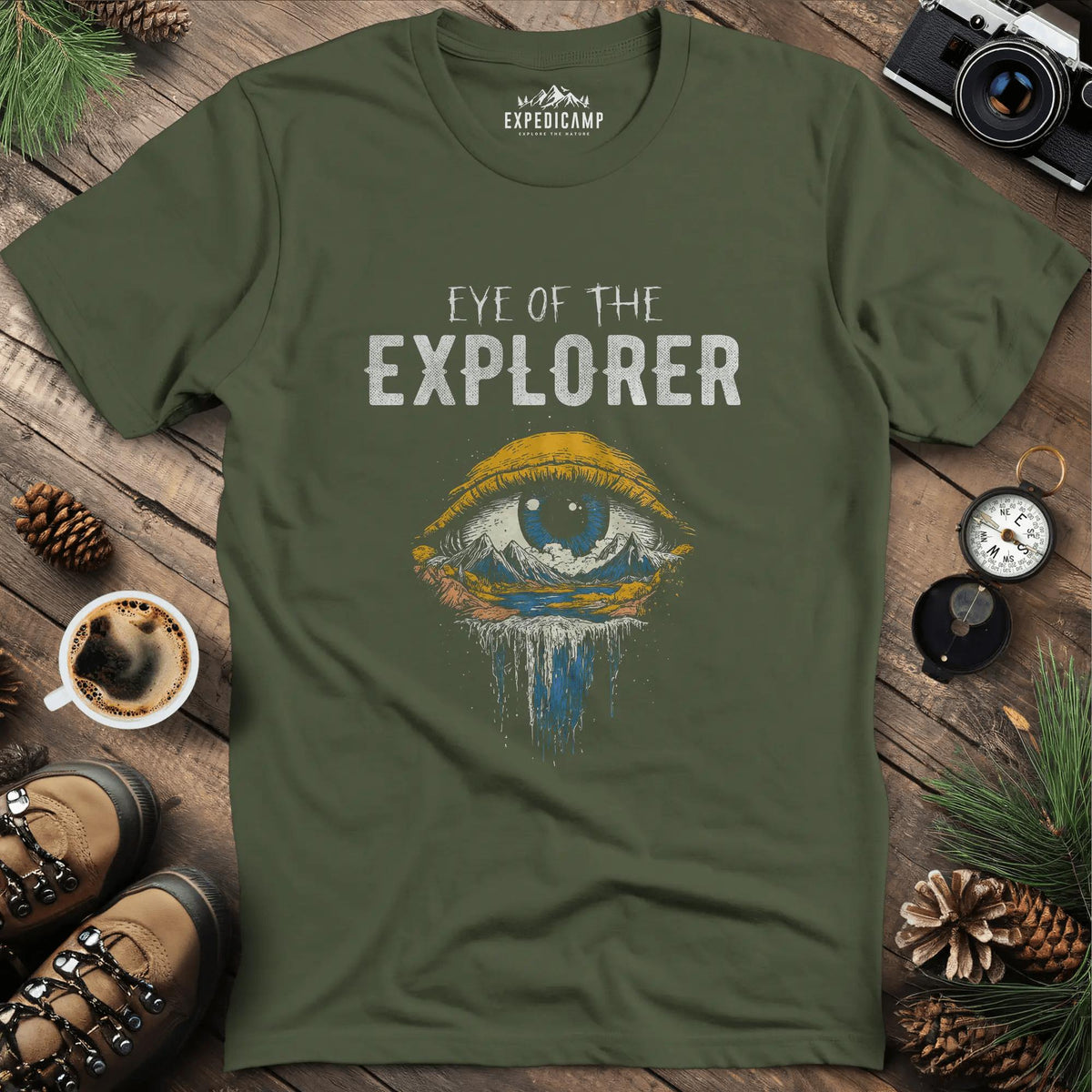 Eye of the Explorer T-Shirt – Military Green – Outdoor apparel for travel, hiking, camping, and nature lovers – ExpediCamp