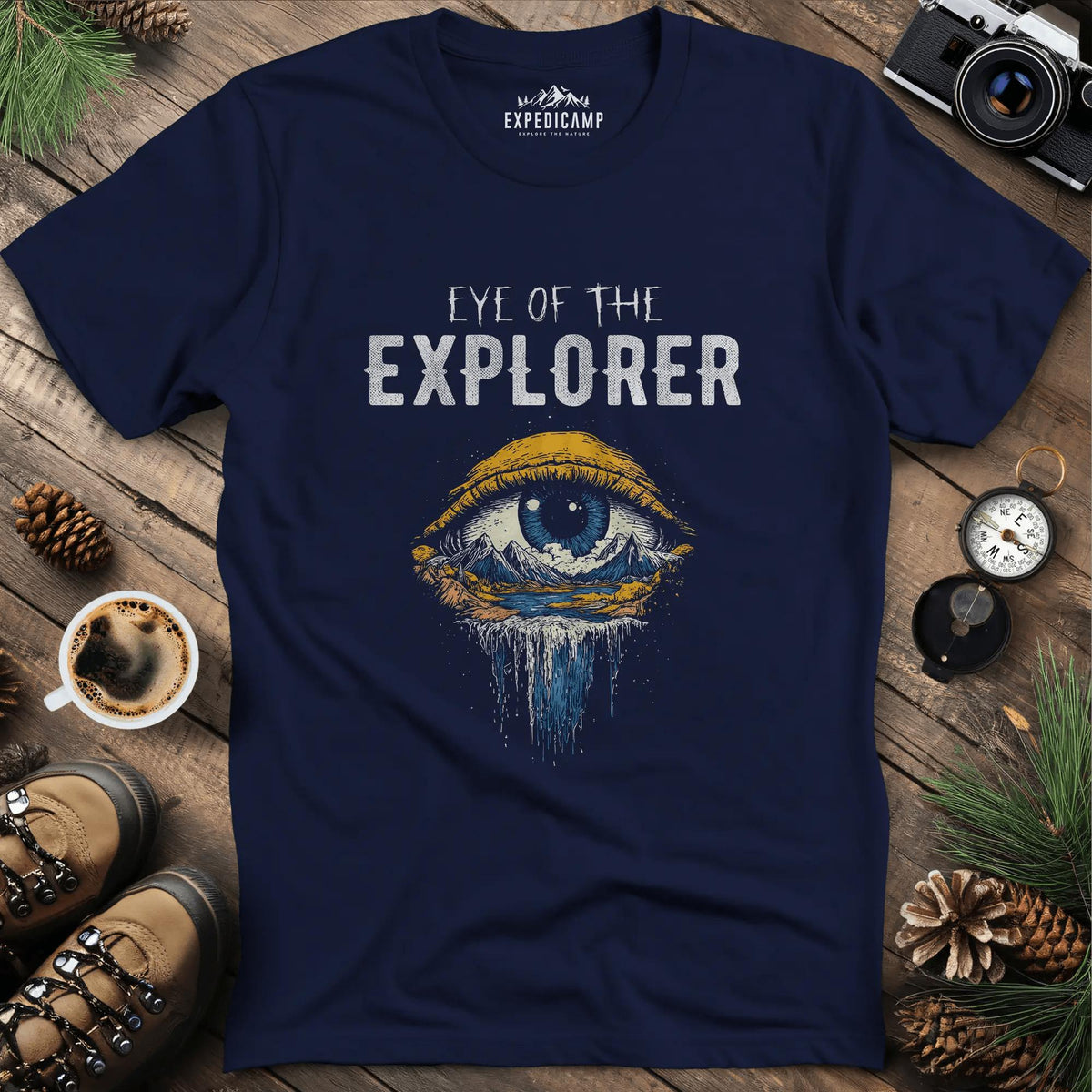 Eye of the Explorer T-Shirt – Navy – Outdoor apparel for travel, hiking, camping, and nature lovers – ExpediCamp