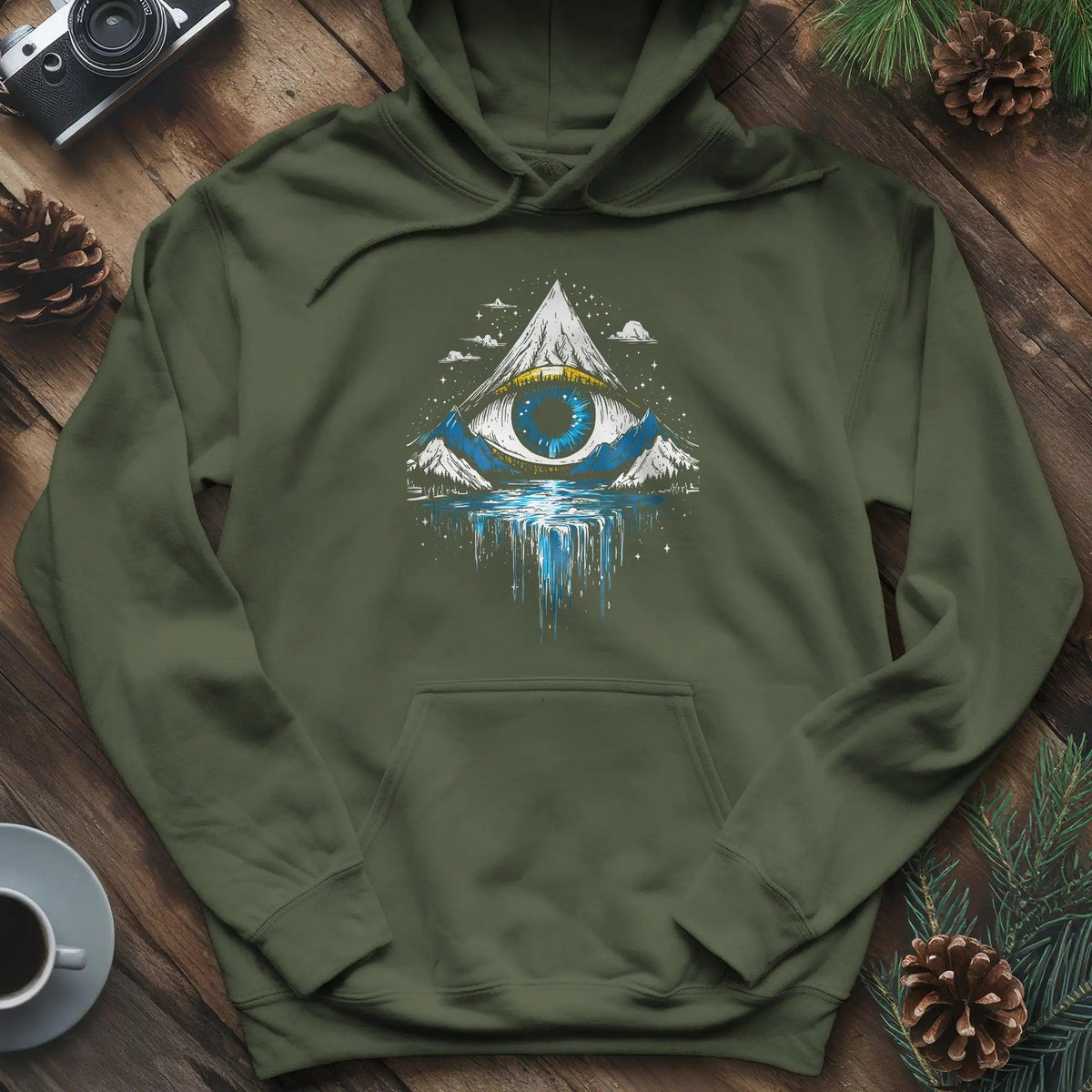 Eye of the Mountain Hoodie – Military Green – Outdoor apparel for travel, hiking, camping, and nature lovers – ExpediCamp