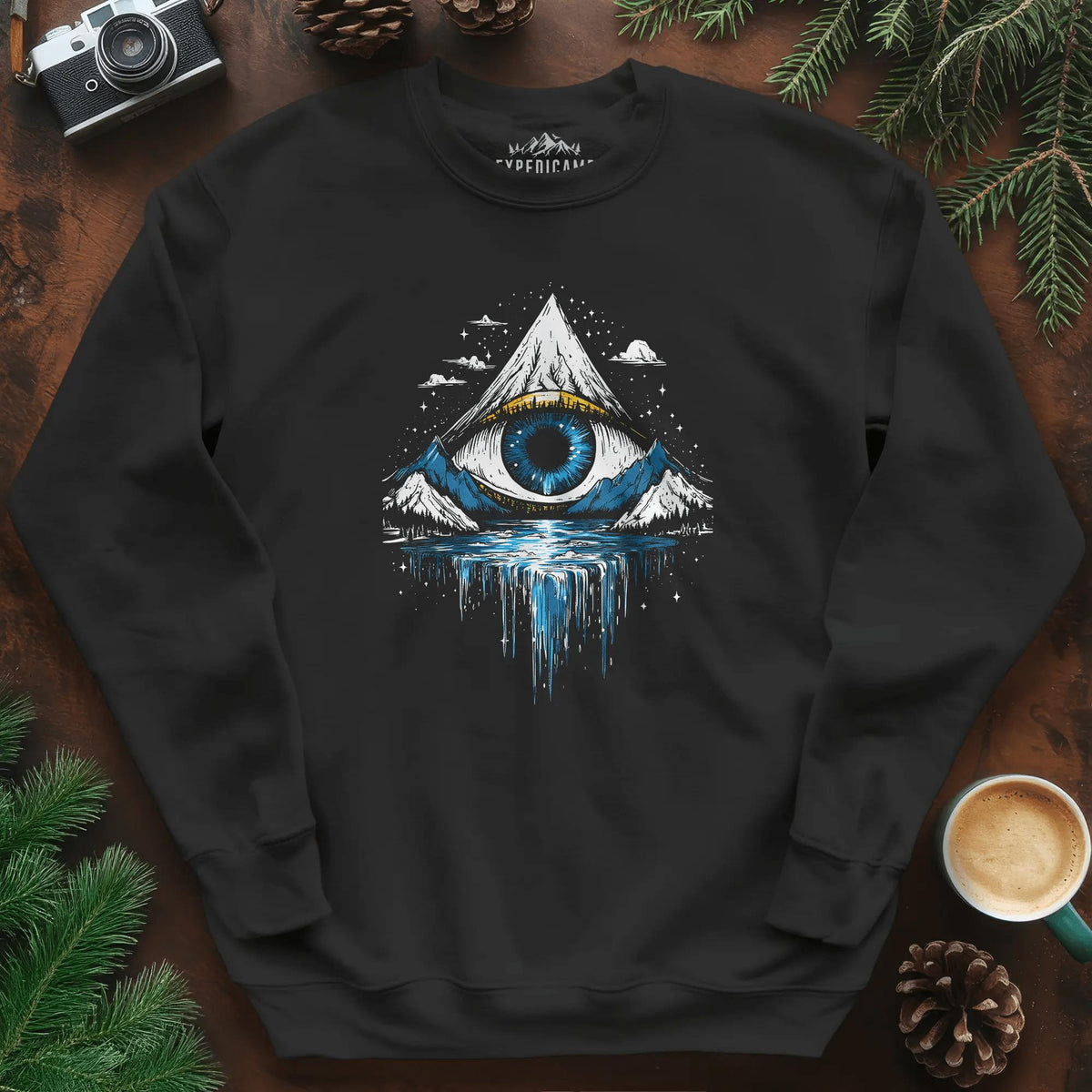 Eye of the Mountain Sweatshirt – Black – Outdoor apparel for travel, hiking, camping, and nature lovers – ExpediCamp