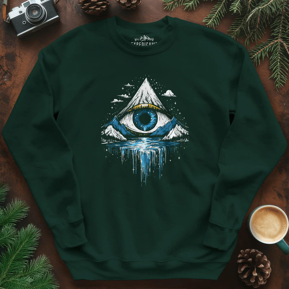 Eye of the Mountain Sweatshirt – Forest Green – Outdoor apparel for travel, hiking, camping, and nature lovers – ExpediCamp