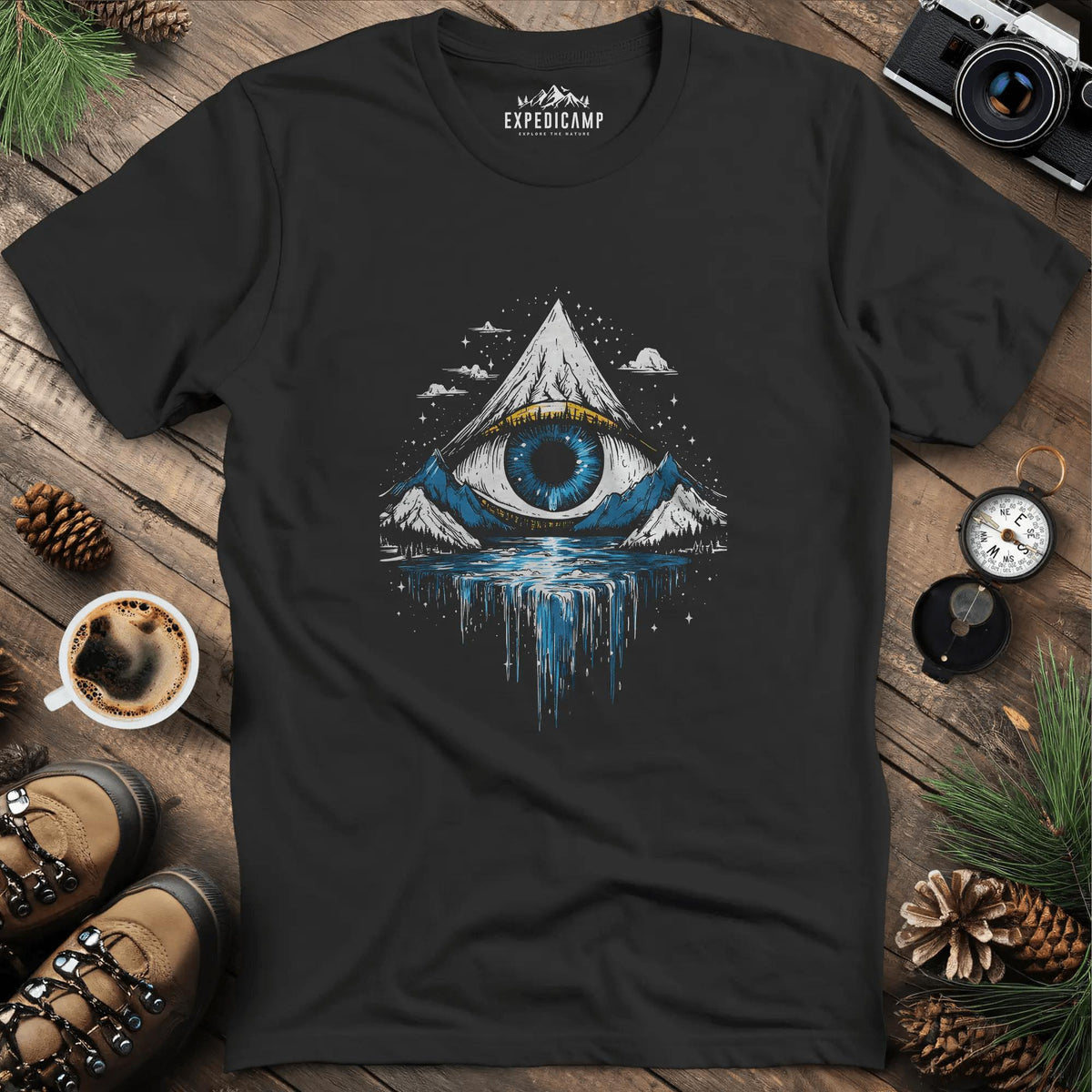 Eye of the Mountain T-Shirt – Black – Outdoor apparel for travel, hiking, camping, and nature lovers – ExpediCamp