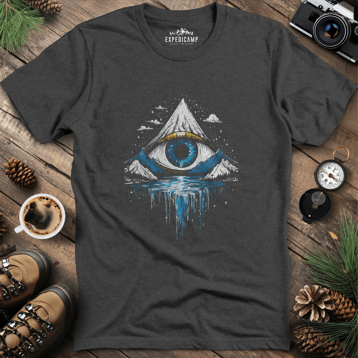 Eye of the Mountain T-Shirt – Dark Heather – Outdoor apparel for travel, hiking, camping, and nature lovers – ExpediCamp