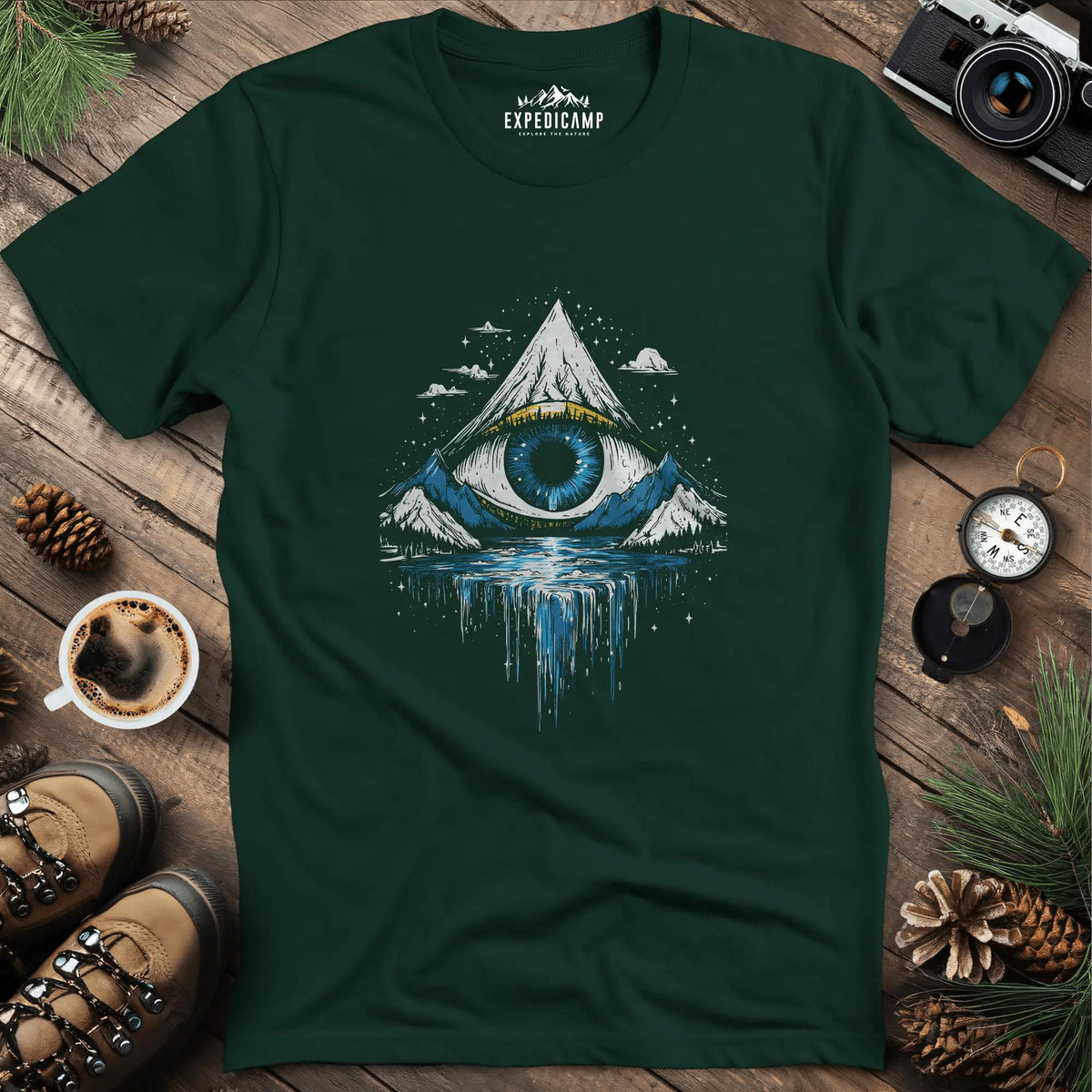 Eye of the Mountain T-Shirt – Forest Green – Outdoor apparel for travel, hiking, camping, and nature lovers – ExpediCamp