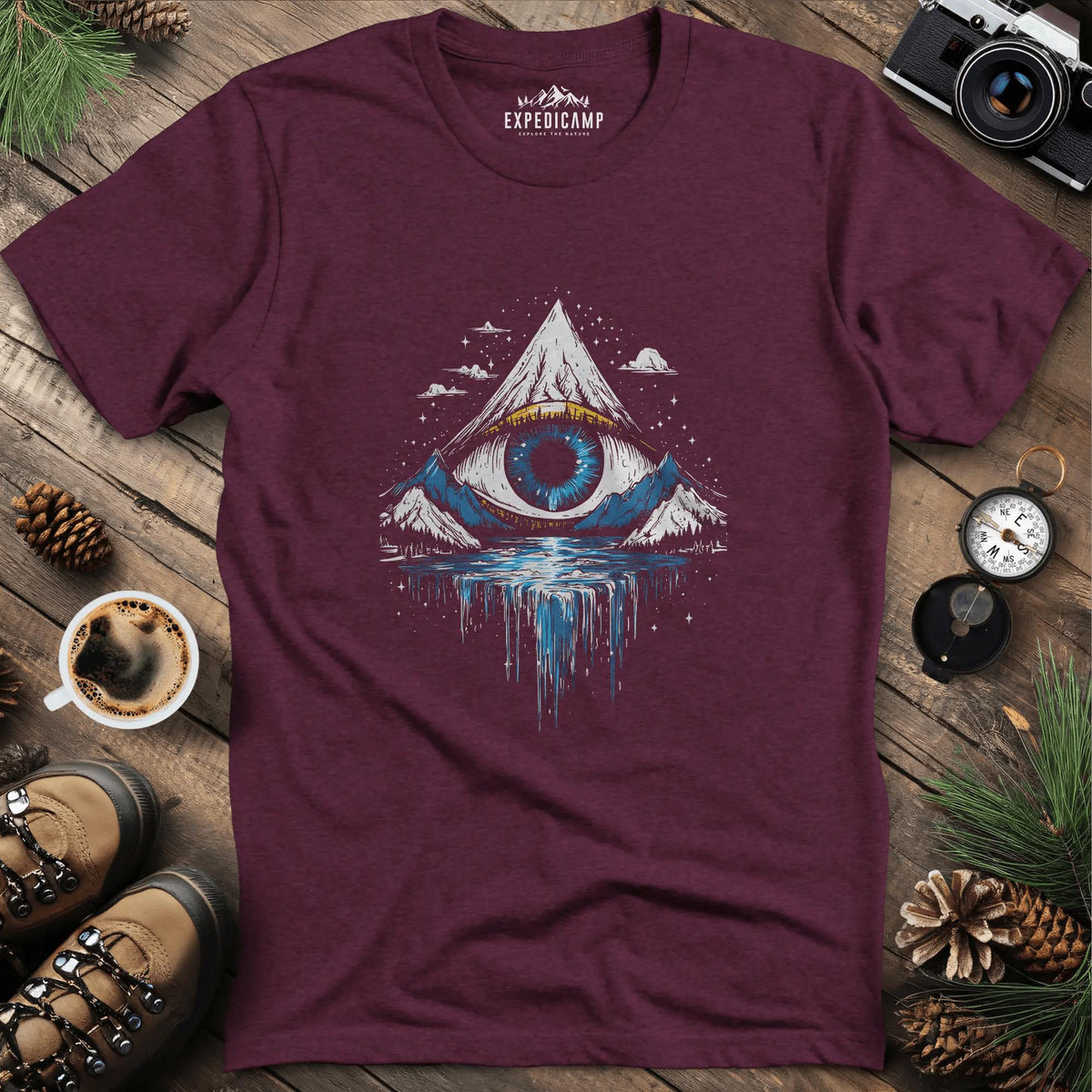 Eye of the Mountain T-Shirt – Heather Maroon – Outdoor apparel for travel, hiking, camping, and nature lovers – ExpediCamp