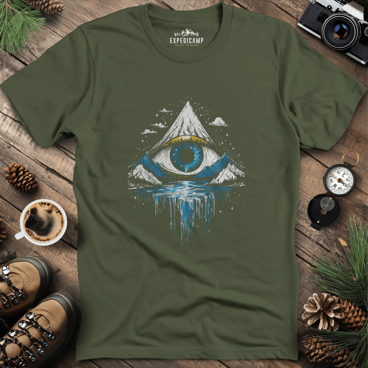 Eye of the Mountain T-Shirt – Military Green – Outdoor apparel for travel, hiking, camping, and nature lovers – ExpediCamp