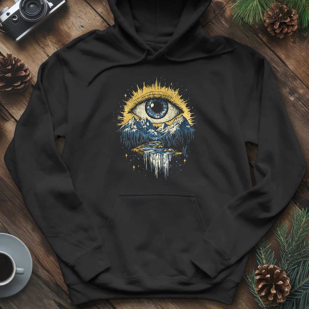 Eye of the Wilderness Hoodie – Black – Outdoor apparel for travel, hiking, camping, and nature lovers – ExpediCamp