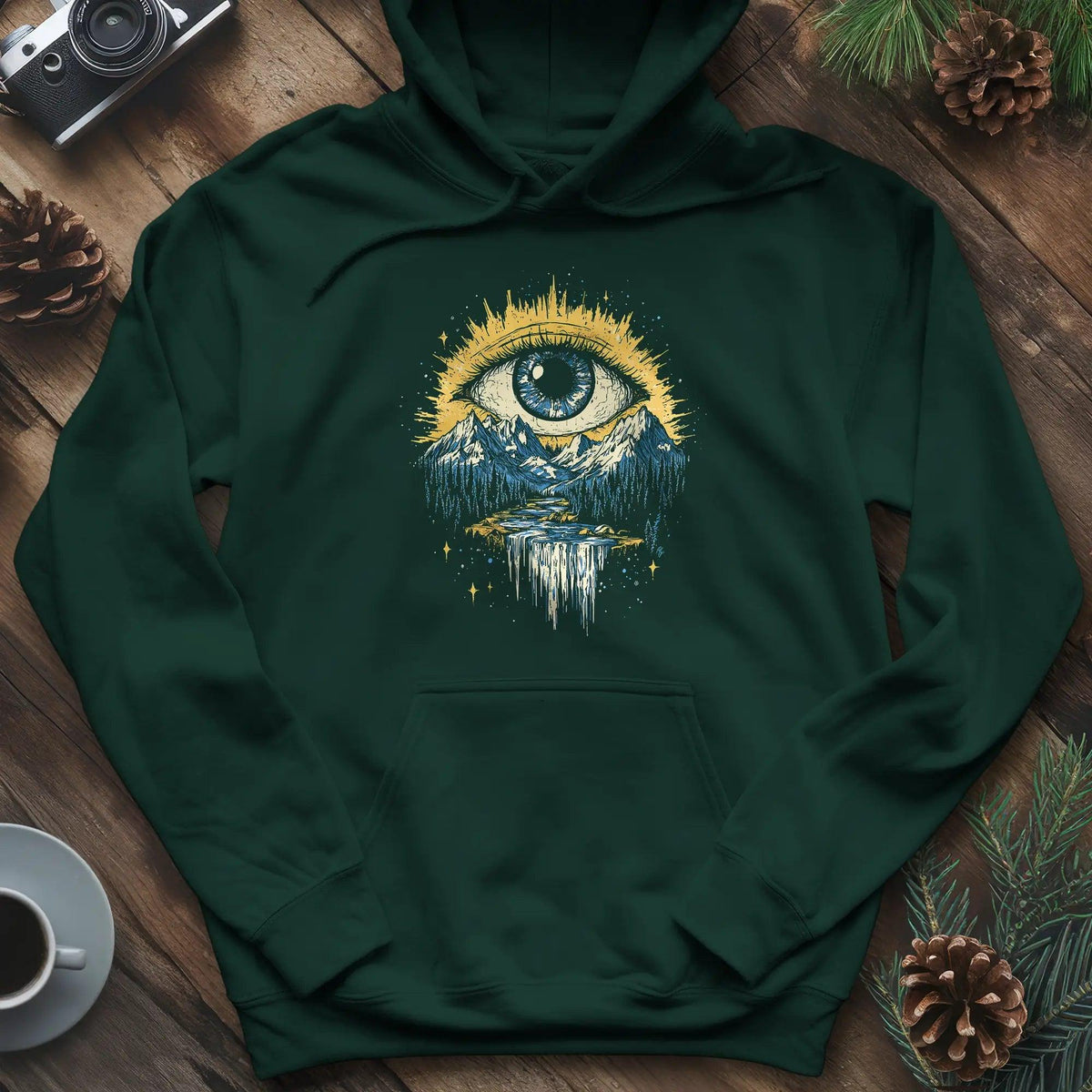 Eye of the Wilderness Hoodie – Forest Green – Outdoor apparel for travel, hiking, camping, and nature lovers – ExpediCamp