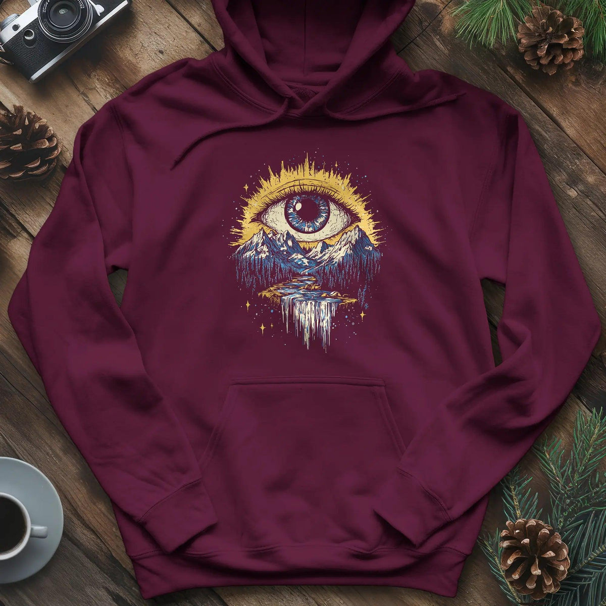 Eye of the Wilderness Hoodie – Maroon – Outdoor apparel for travel, hiking, camping, and nature lovers – ExpediCamp