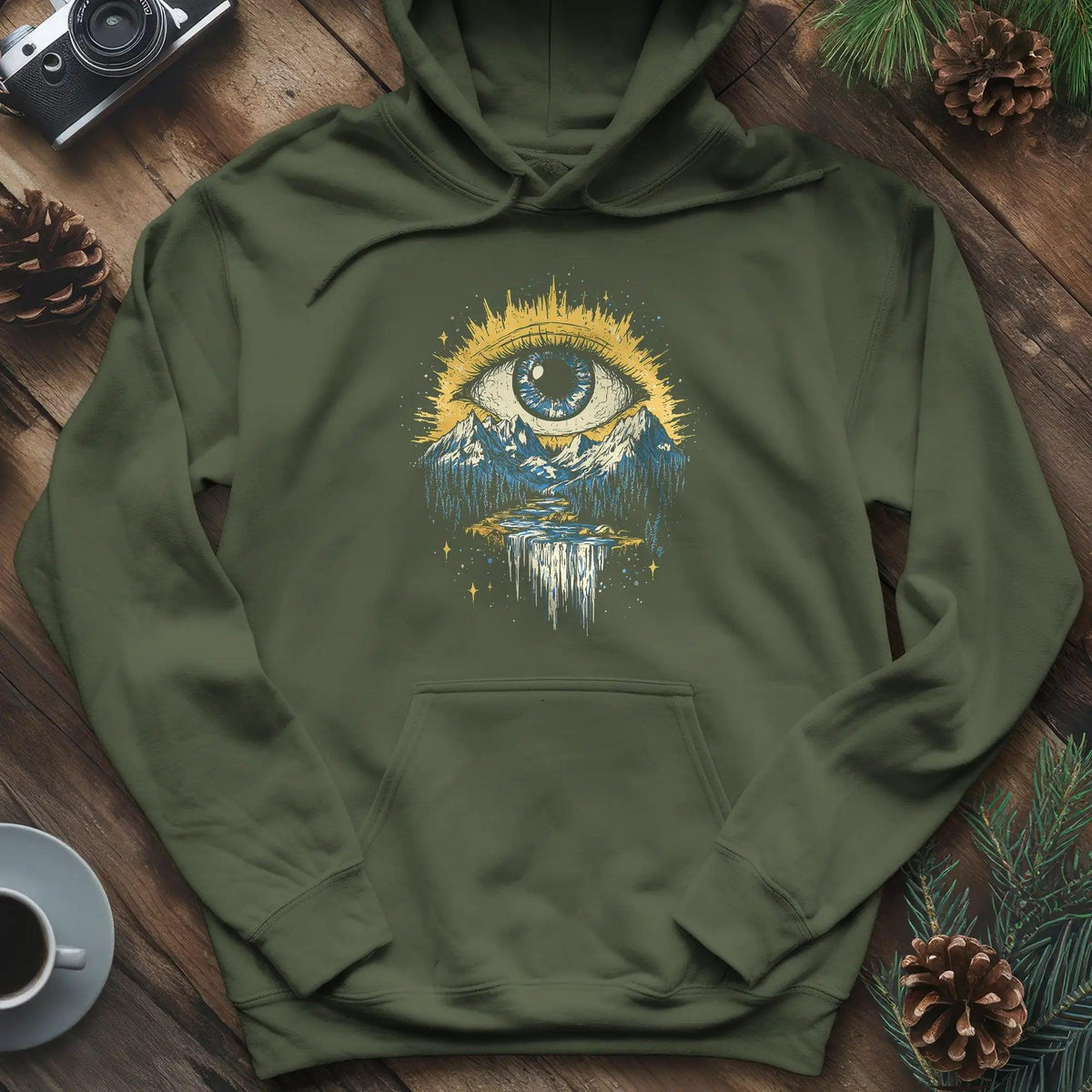 Eye of the Wilderness Hoodie – Military Green – Outdoor apparel for travel, hiking, camping, and nature lovers – ExpediCamp