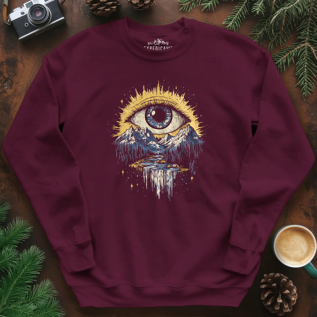 Eye of the Wilderness Sweatshirt – Maroon – Outdoor apparel for travel, hiking, camping, and nature lovers – ExpediCamp