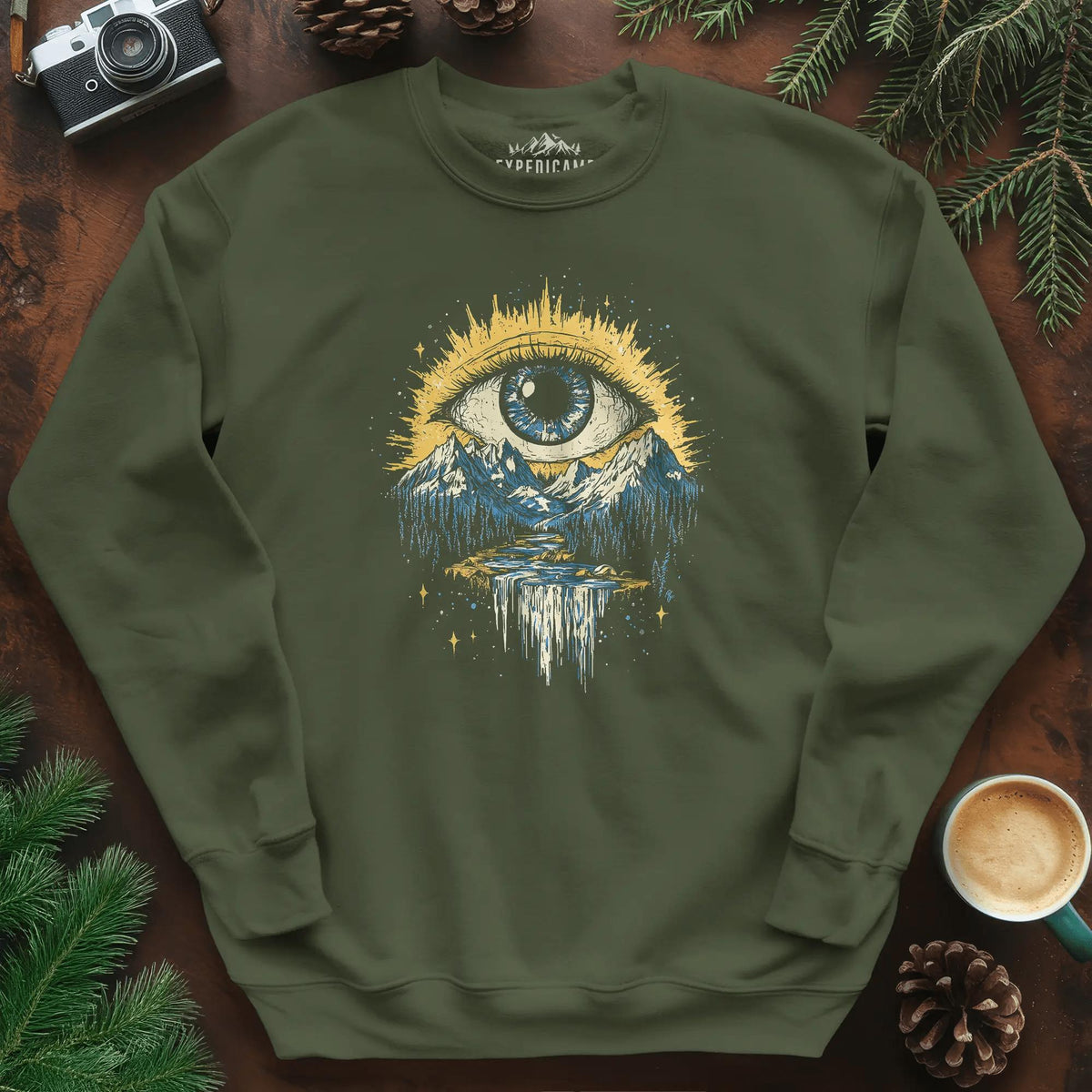 Eye of the Wilderness Sweatshirt – Military Green – Outdoor apparel for travel, hiking, camping, and nature lovers – ExpediCamp