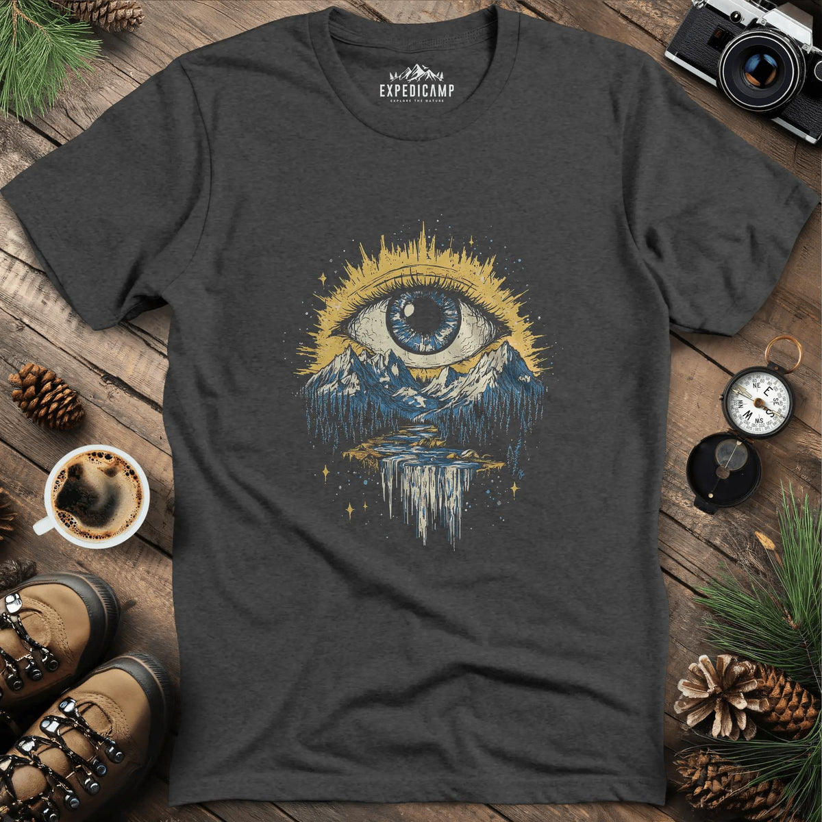 Eye of the Wilderness T-Shirt – Dark Heather – Outdoor apparel for travel, hiking, camping, and nature lovers – ExpediCamp