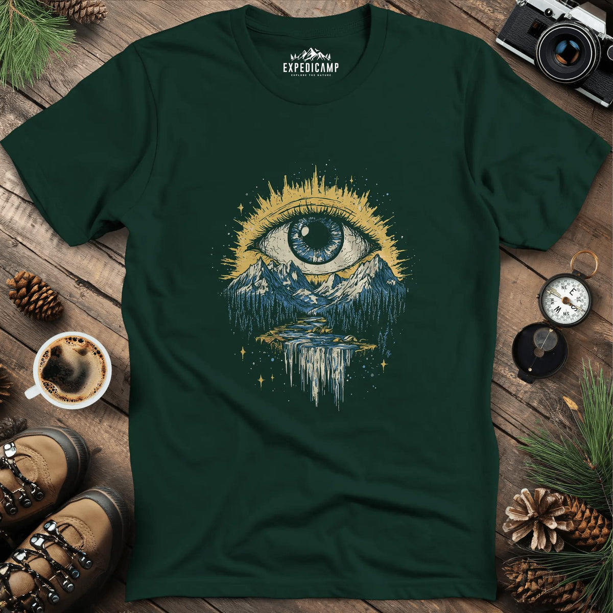 Eye of the Wilderness T-Shirt – Forest Green – Outdoor apparel for travel, hiking, camping, and nature lovers – ExpediCamp