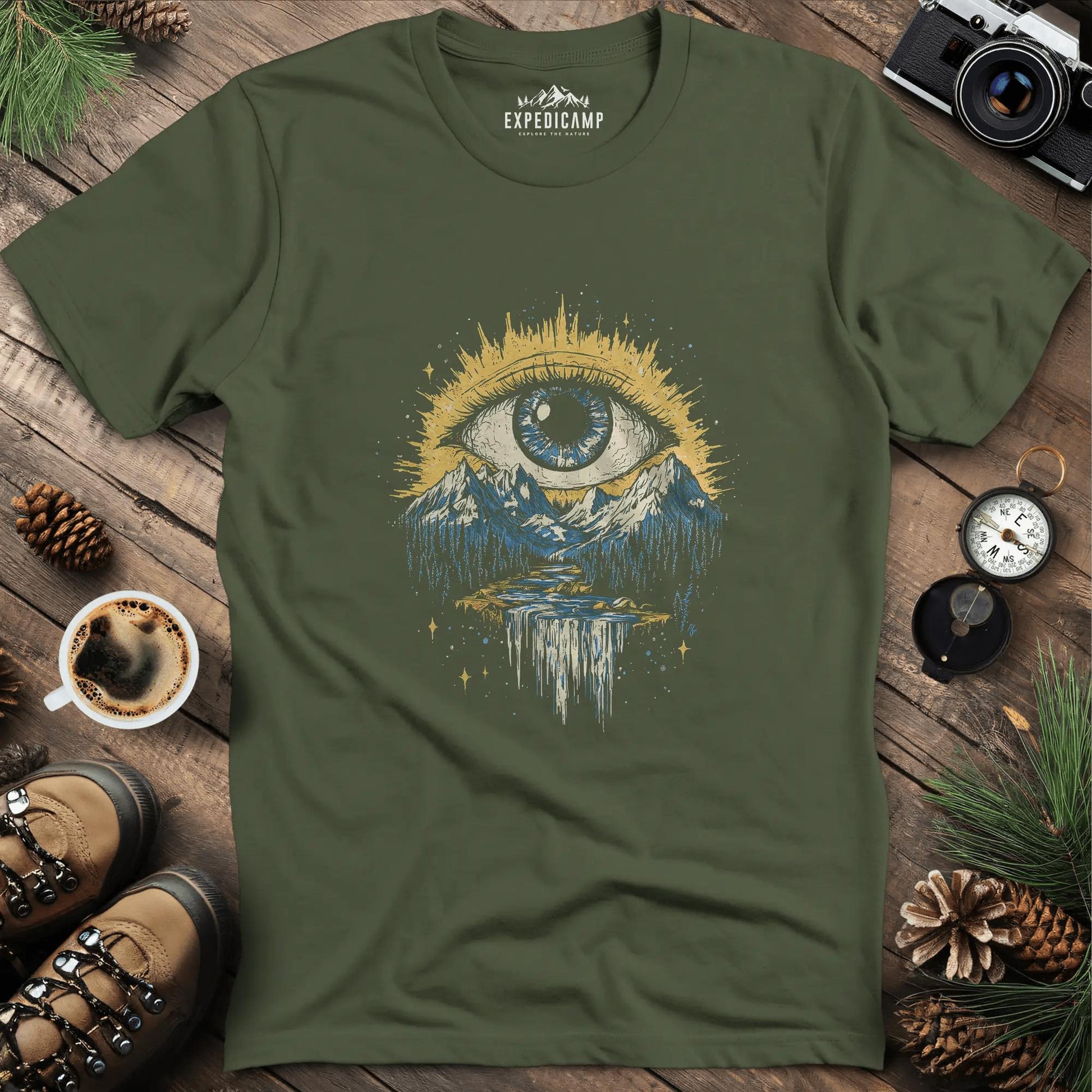 Eye of the Wilderness T-Shirt – Military Green – Outdoor apparel for travel, hiking, camping, and nature lovers – ExpediCamp