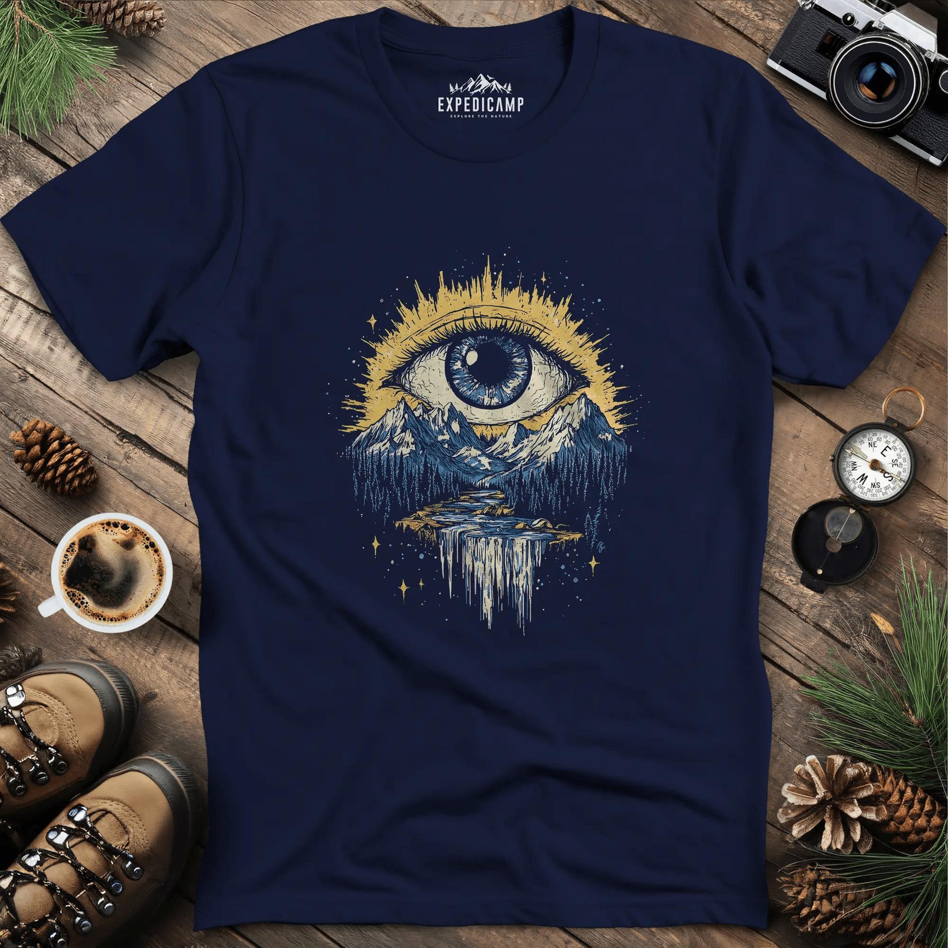 Eye of the Wilderness T-Shirt – Navy – Outdoor apparel for travel, hiking, camping, and nature lovers – ExpediCamp