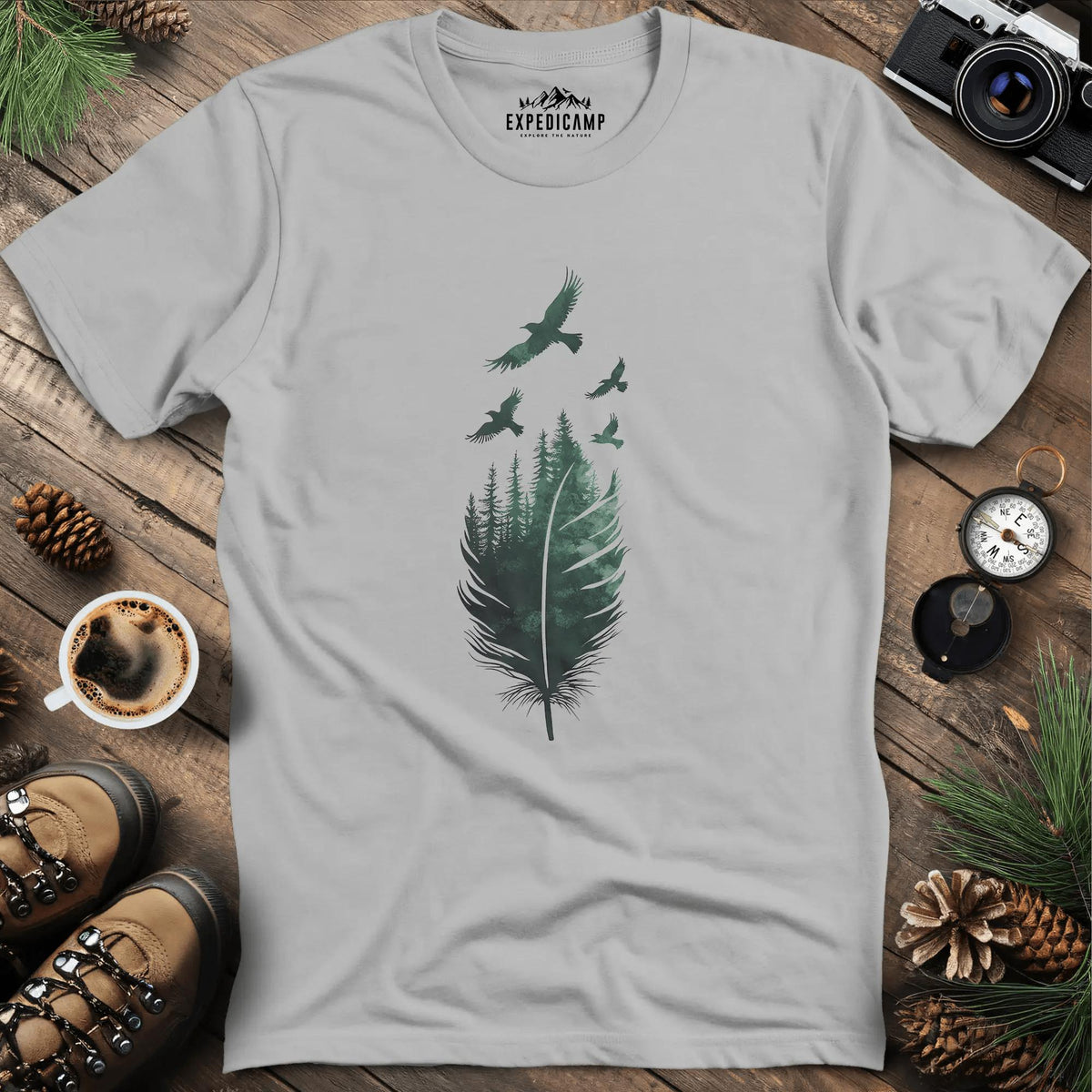 Feathered Forest T-Shirt – Ice Grey – Outdoor apparel for travel, hiking, camping, and nature lovers – ExpediCamp