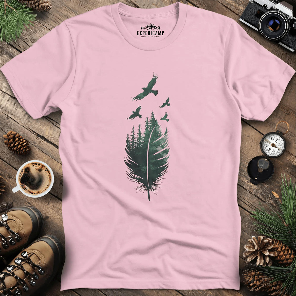 Feathered Forest T-Shirt – Light Pink – Outdoor apparel for travel, hiking, camping, and nature lovers – ExpediCamp