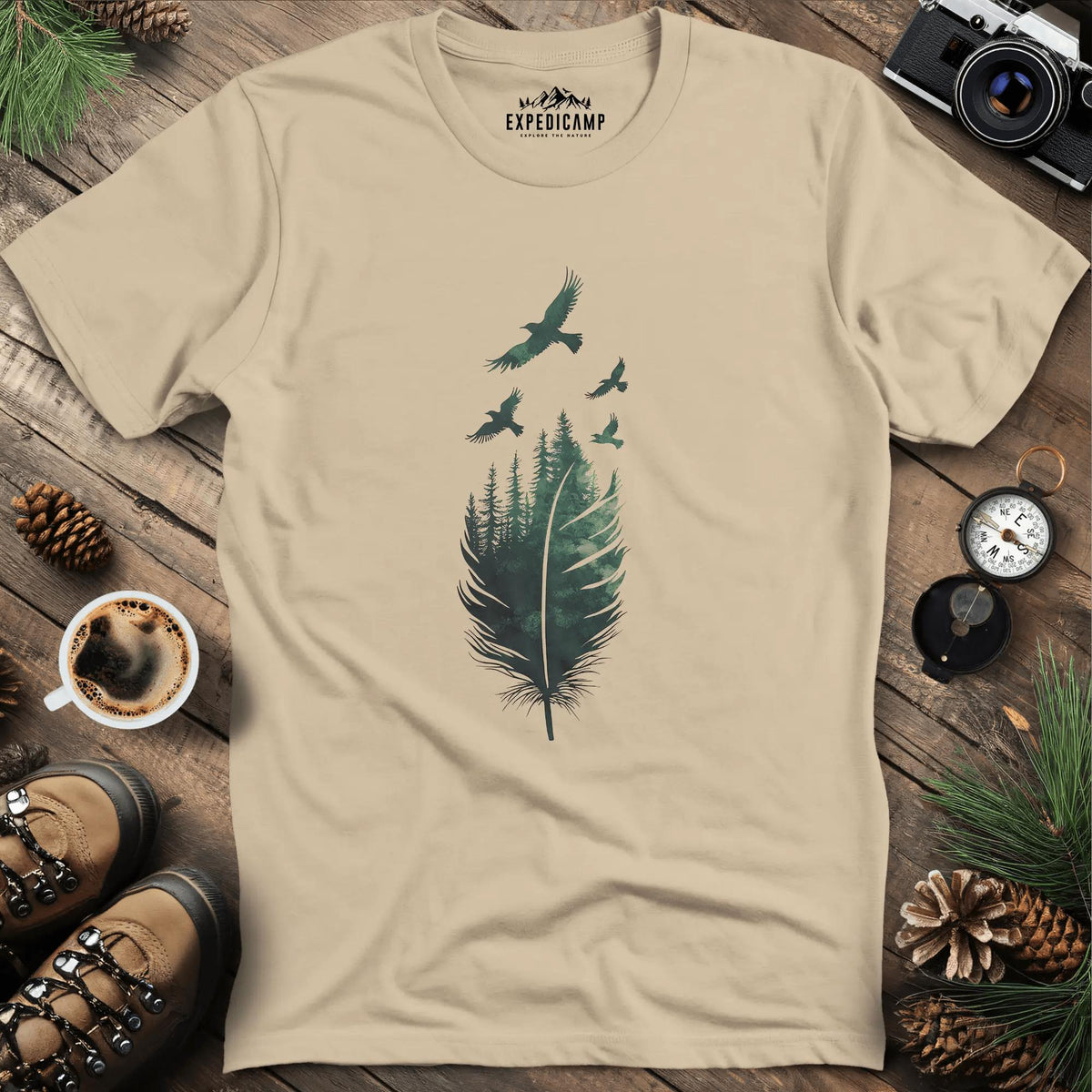 Feathered Forest T-Shirt – Sand – Outdoor apparel for travel, hiking, camping, and nature lovers – ExpediCamp