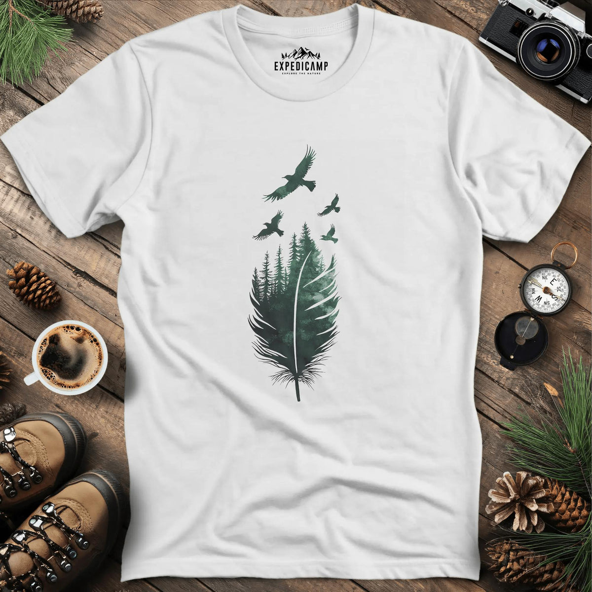 Feathered Forest T-Shirt – White – Outdoor apparel for travel, hiking, camping, and nature lovers – ExpediCamp