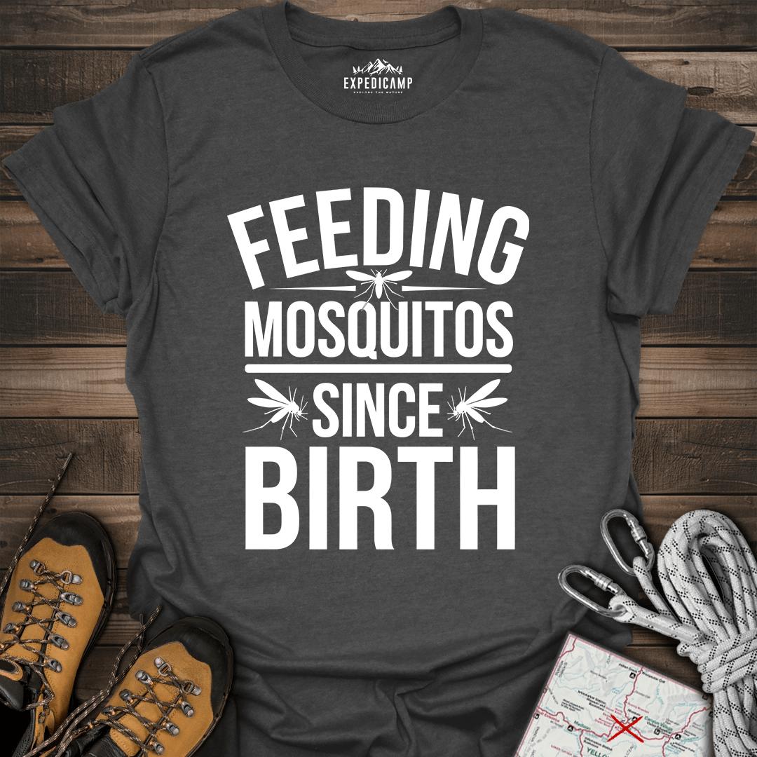 Feeding Mosquitos Since Birth T-Shirt – Dark Heather – Outdoor apparel for travel, hiking, camping, and nature lovers – ExpediCamp