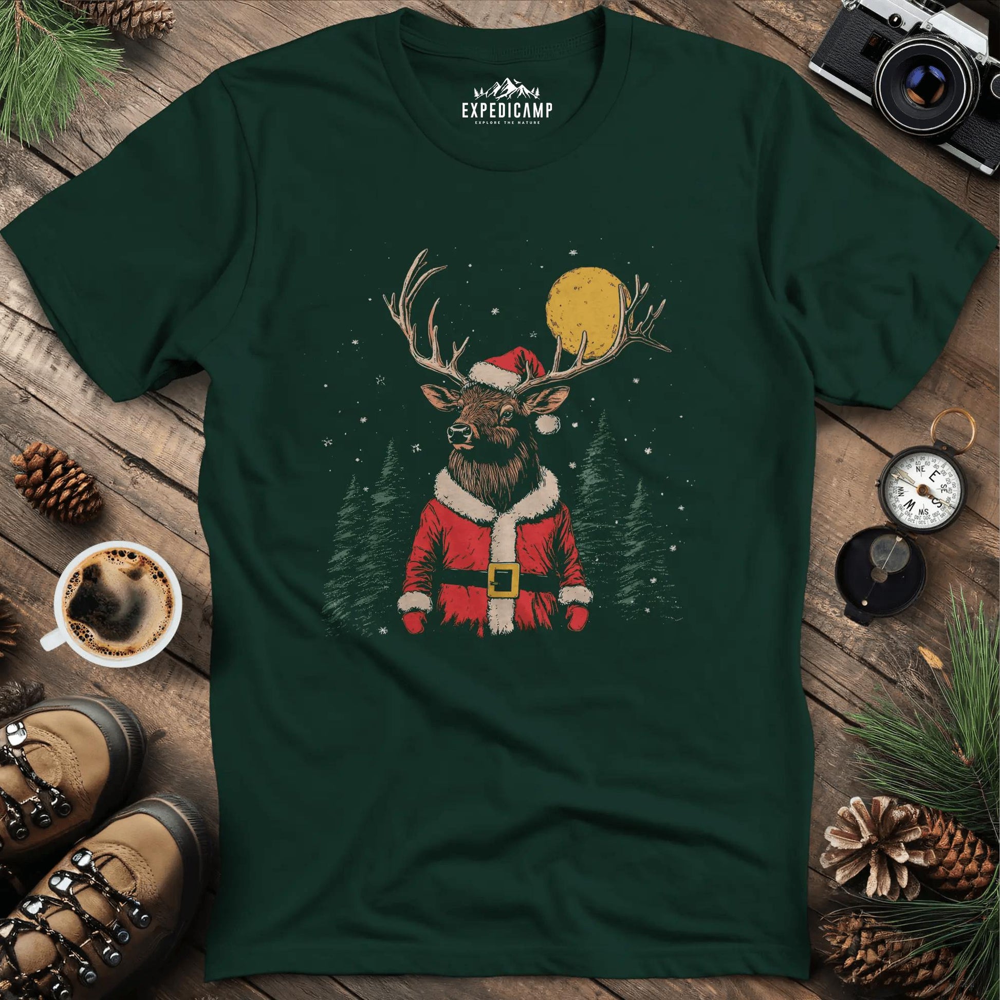 Festive Reindeer T-Shirt – Forest Green – Outdoor apparel for travel, hiking, camping, and nature lovers – ExpediCamp