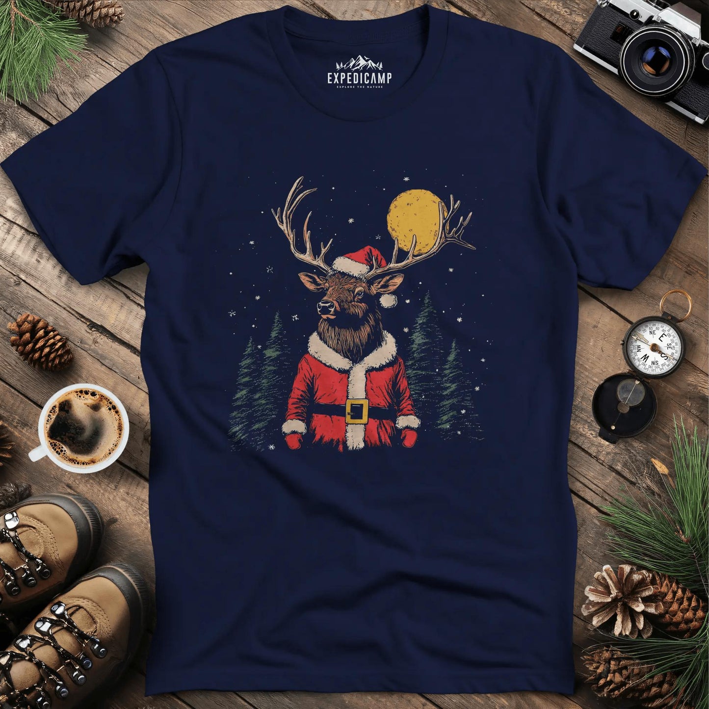 Festive Reindeer T-Shirt – Navy – Outdoor apparel for travel, hiking, camping, and nature lovers – ExpediCamp