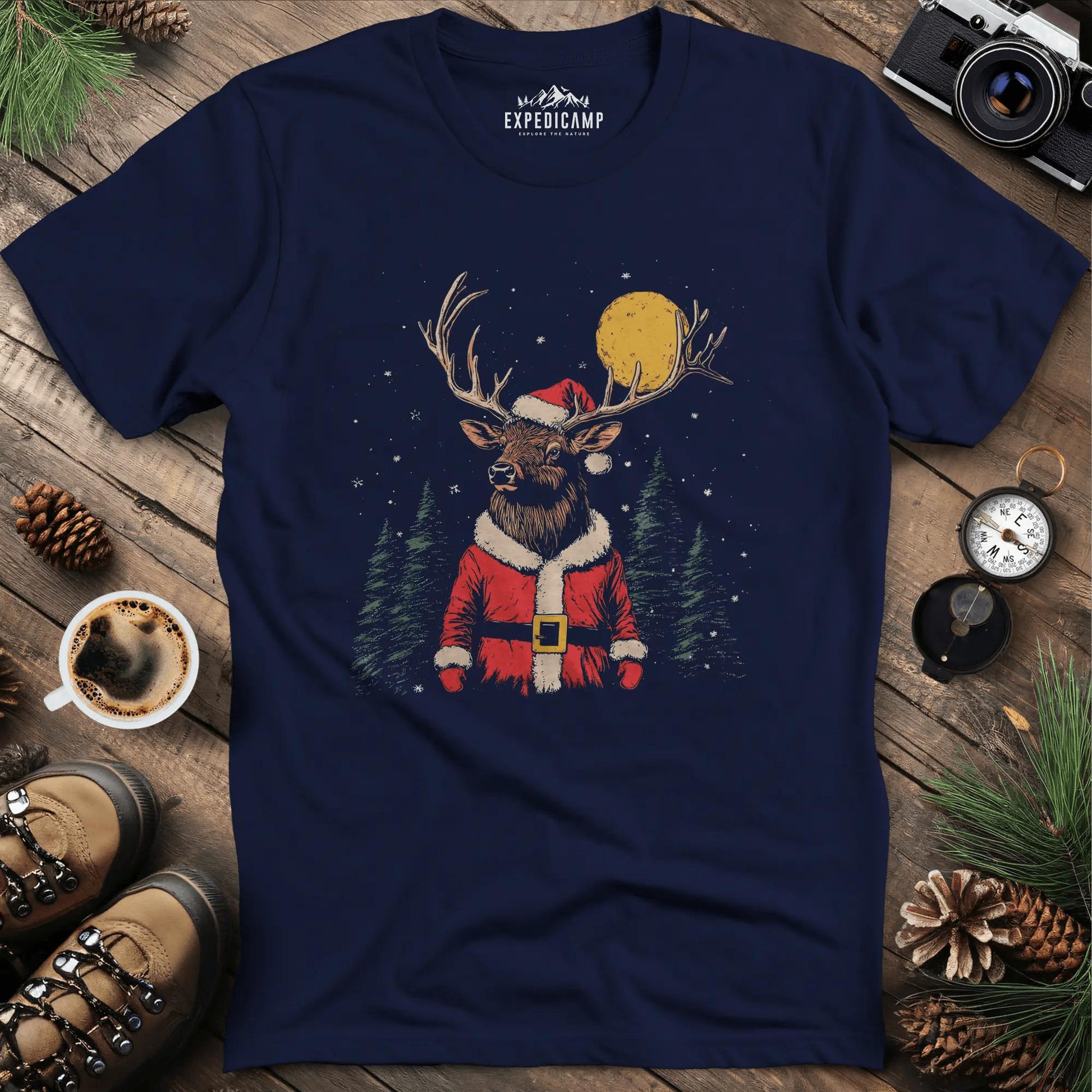 Festive Reindeer T-Shirt – Navy – Outdoor apparel for travel, hiking, camping, and nature lovers – ExpediCamp